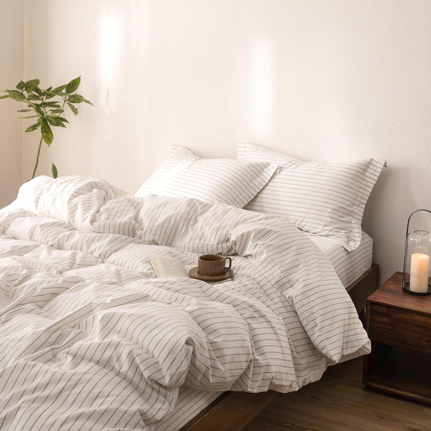Stripe Duvet Cover Queen Size 90inch x 90inch,100% Washed Cotton Linen Feel Pinstripe Duvet Cover with Zipper Closure and 2 Pillowcases, Color of Off White and Linen Grey Stripe