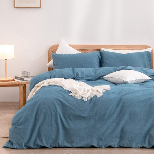 BESTOUCH Duvet Cover Set 100% Washed Cotton Linen Feel Super Soft Comfortable Chic Lightweight 3 PCs Home Bedding Set Solid Dark Blue King