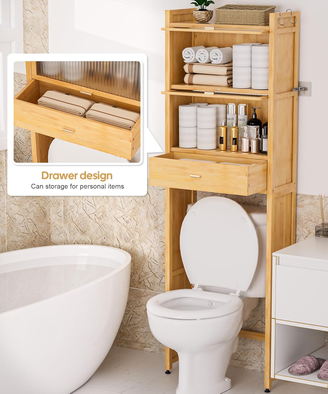 Over The Toilet Storage Shelf with Drawer, Above Bamboo Bathroom Organizer Cabinet with Anti-Tip and Waterproof Feet Pad Design, Freestanding Shelf for Bathroom (Bamboo)