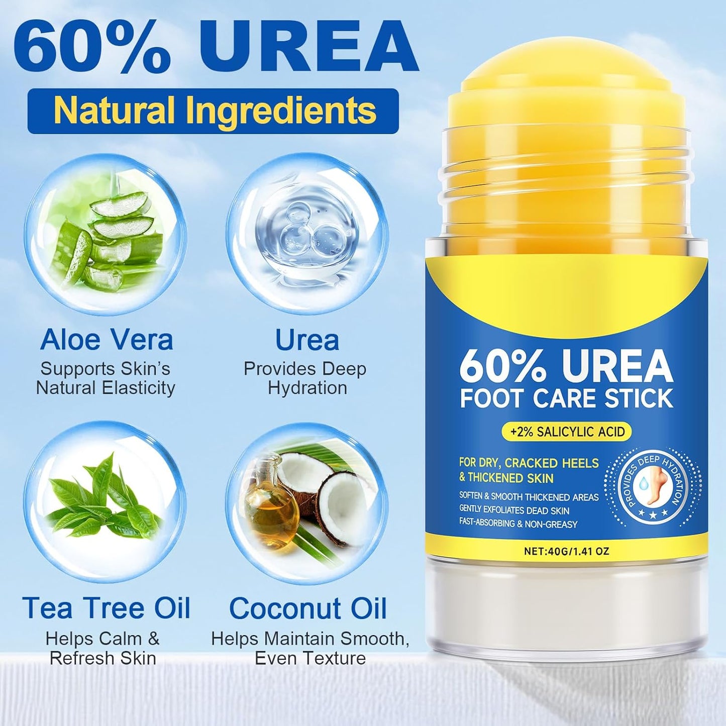 60% Urea with 2% Salicylic Acid Foot Care Stick, Urea Foot Cream Moisturizer for Dry Cracked Feet, Knees, Elbows, Hands, Moisturizes and Hydrates the Dry Skin 1Pack