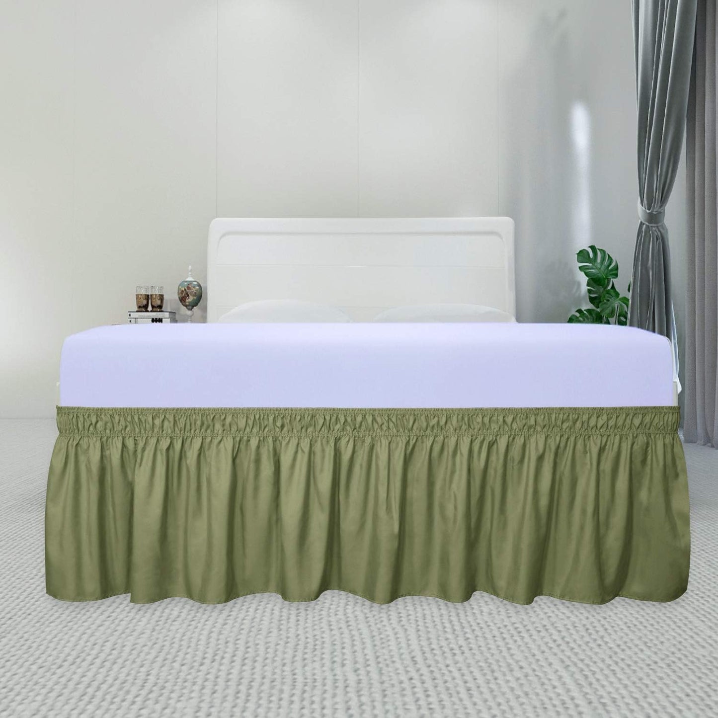 PureFit Wrap Around Ruffled Bed Skirt with Adjustable Elastic Belt - 14 Inch Drop Easy to Put On, Wrinkle Free Bedskirt Dust Ruffles, Bed Frame Cover for Twin,Twin XL and Full Size Beds, Light Green