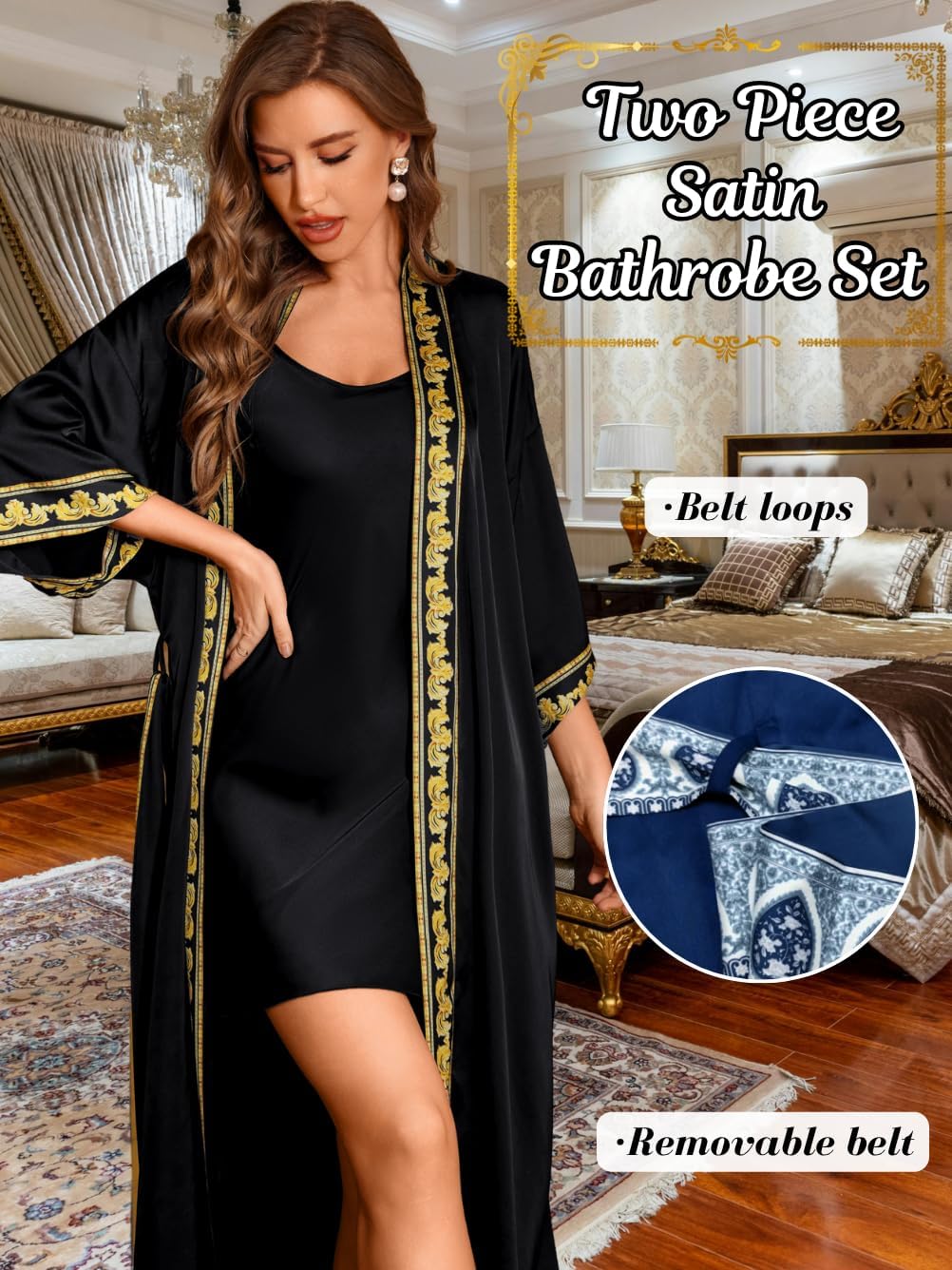 Satin Robe Sets For Women, 2-PC Lightweight Bathrobe, Silk Sleepwear Kimono Bridesmaid Sexy Robes