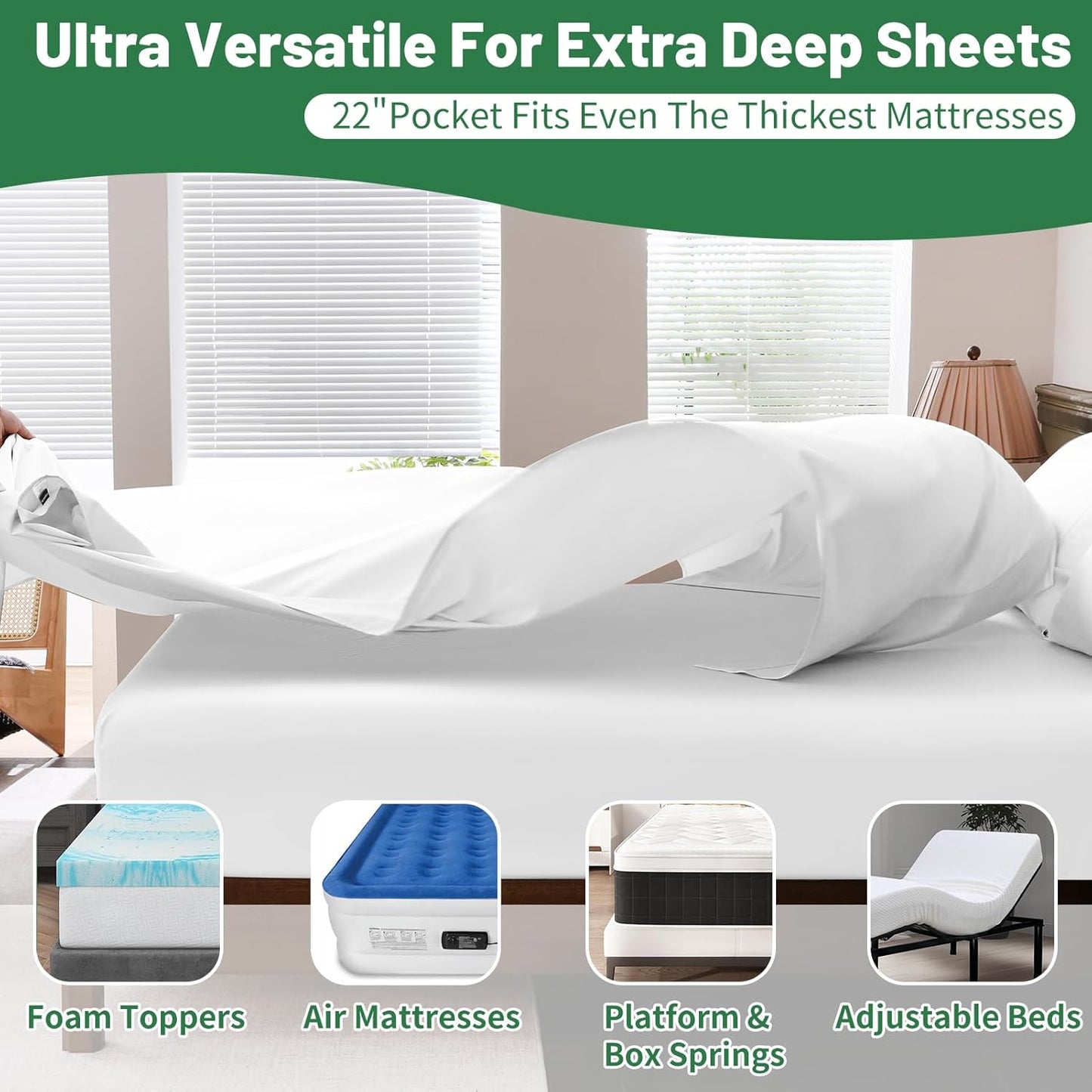 Extra Deep Pocket King Sheets 18-24 Inch 1000 Thread Count 100% Egyptian Cotton Sateen Weave Soft Breathable 4 Pieces（King，White）