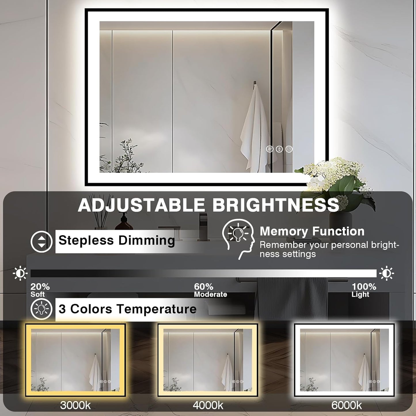 44x36 LED Light Mirror for Bathroom - Black Framed Mirror (Front and Backlit), Anti-Fog Bathroom Vanity Mirror, Stepless Dimmable Lighted Mirror, Tempered Glass, Memory (Horizontal/Vertical)