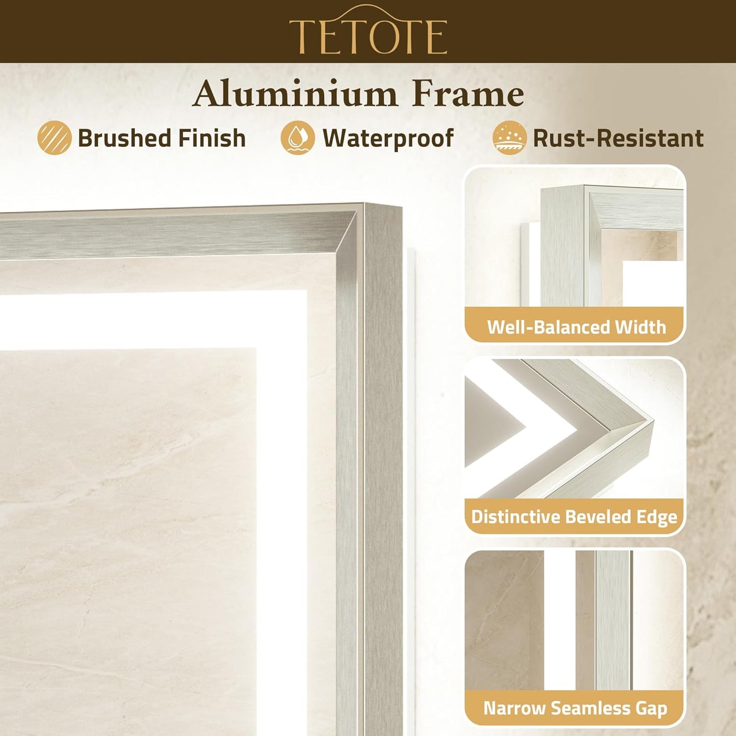 TETOTE 72 x 36 Large Bathroom Mirror Brushed Nickel Metal Frame Frontlit & Backlit Vanity Mirror 3 Colors White/Warm/Natural Stepless Dimmable Anti-Fog Bathroom Mirrors for Vanity Wall-Mounted