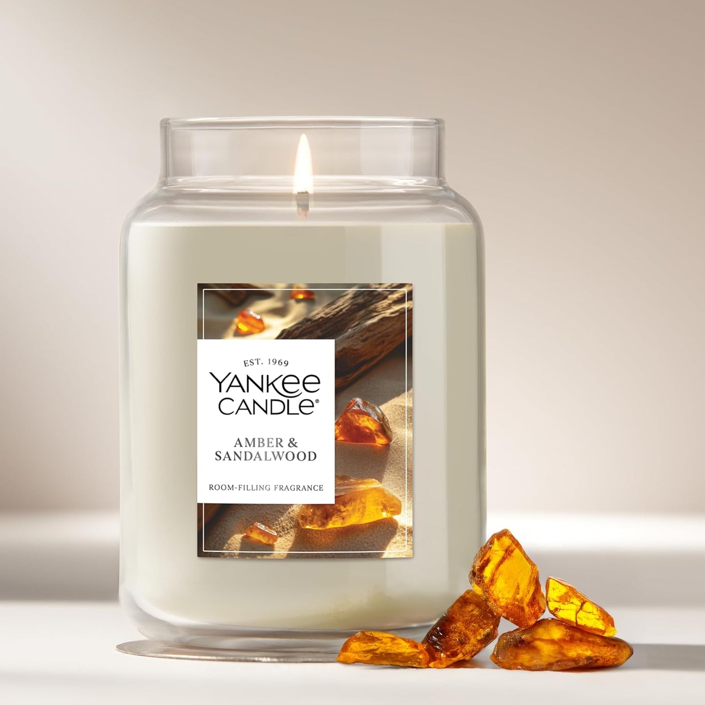 Yankee Candle, Amber & Sandalwood Fall Scented Candle, 22oz Large Jar with up to 150 Hour Burn Time