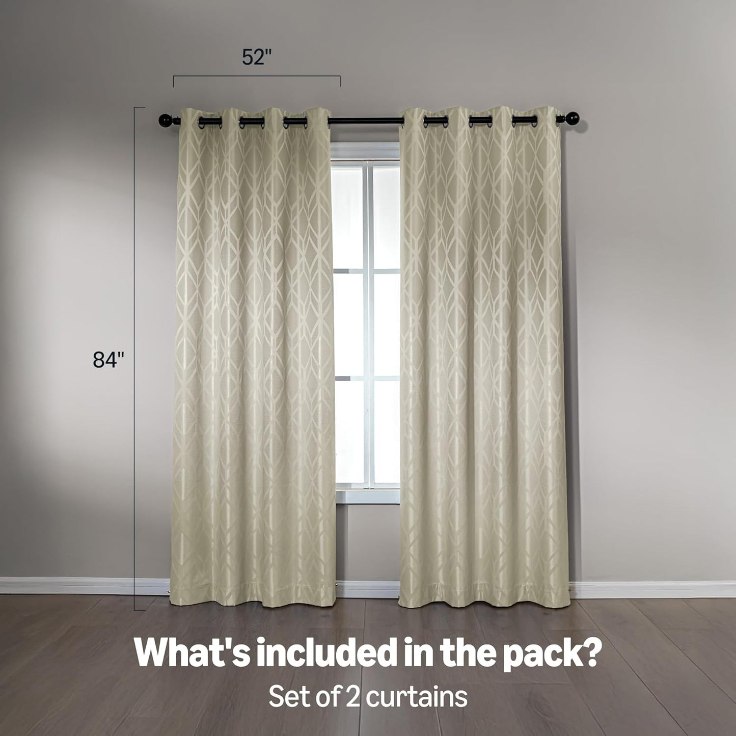 Amazon Basics Jacquard 2-Piece 100% Blackout Curtains, Living Room and Bedroom Drapes, Thermal Insulated Window Treatment, 52"x84", Beige