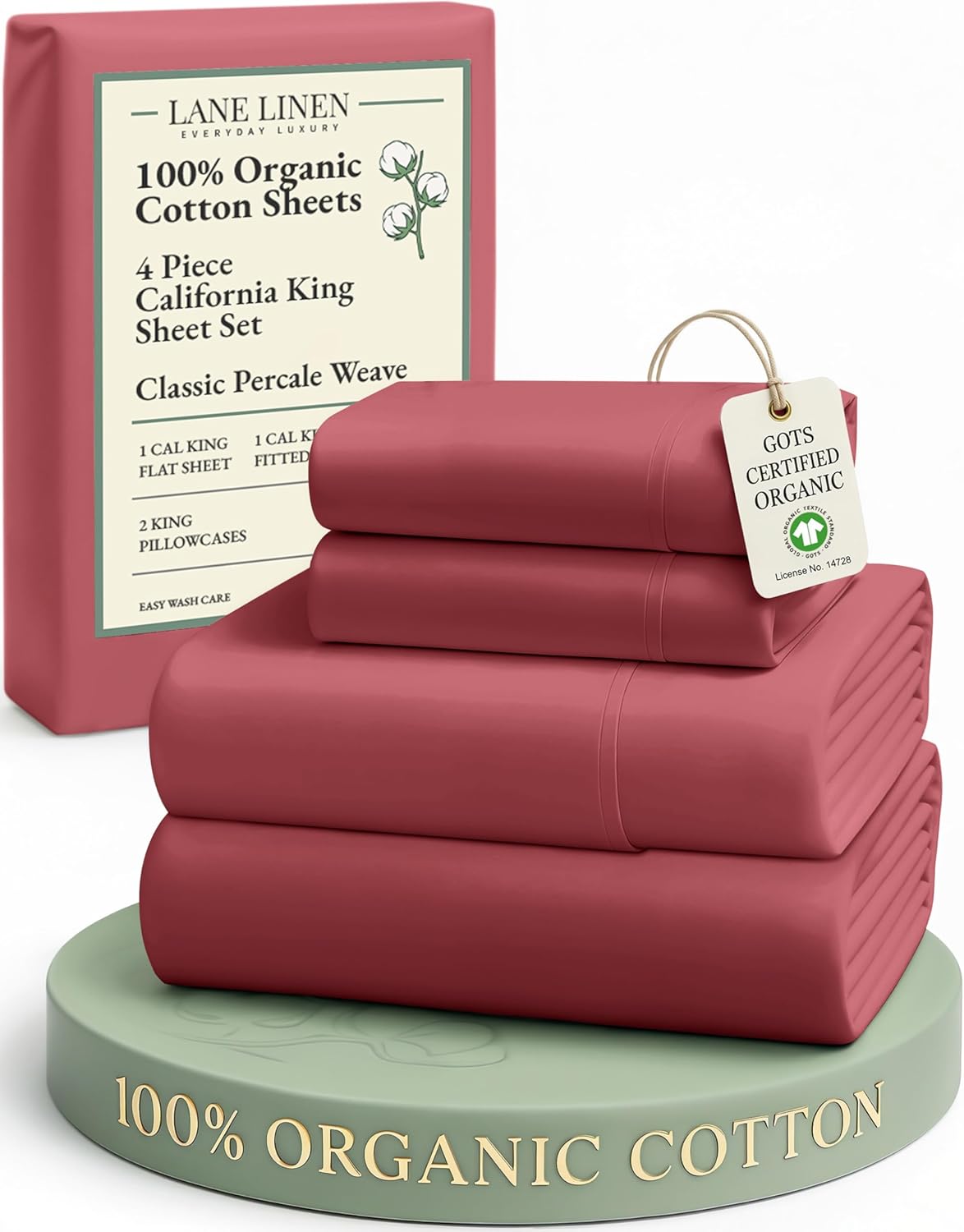 LANE LINEN 100% Organic Cotton California King Sheets Set, 4-Piece Pure Organic Cotton Long Staple Percale Weave Soft Best Bedding Sheets for Bed, Breathable, Fits Mattress Upto 15" Deep - Mineral Red