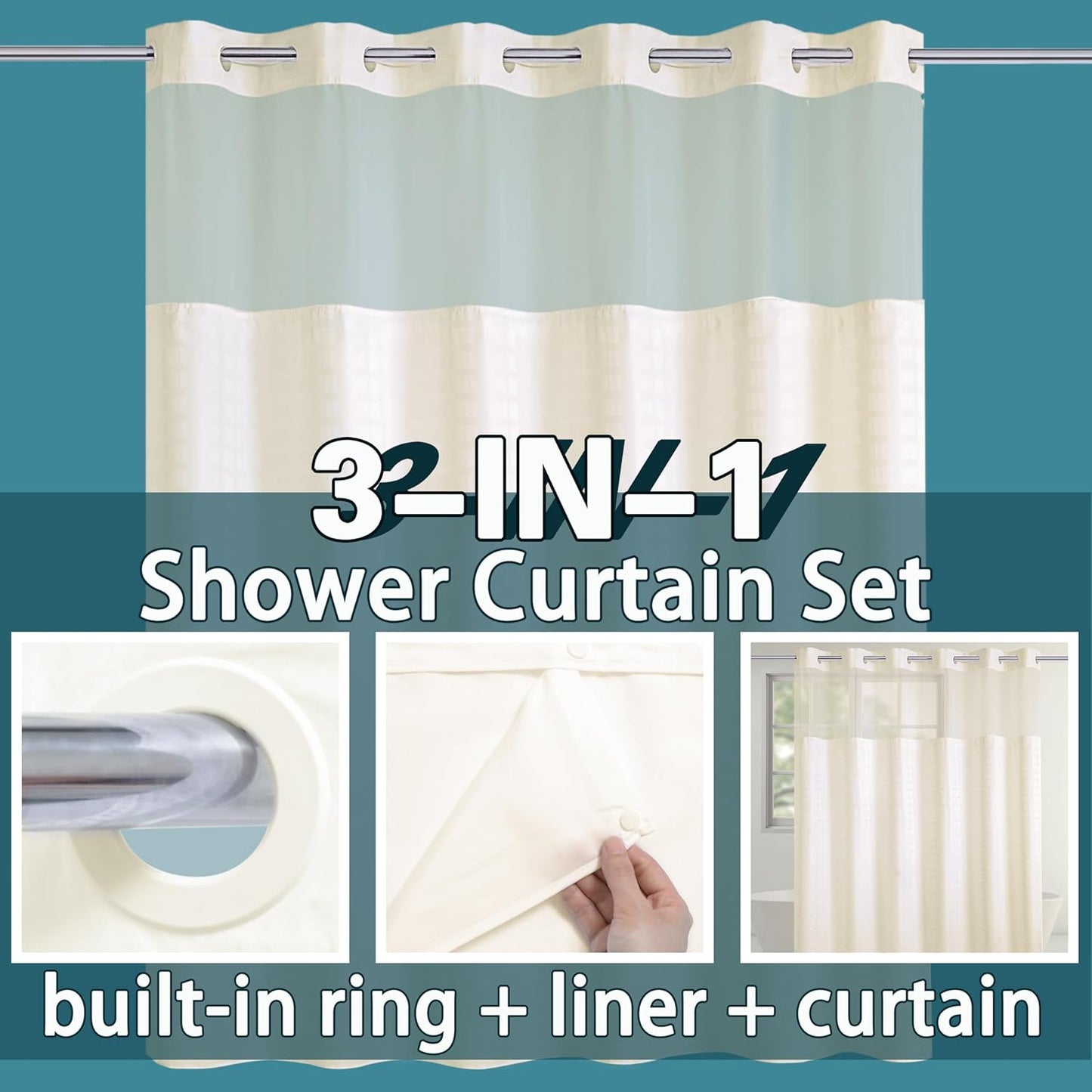Conbo Mio Extra Wide No Hook Shower Curtain with Snap in Liner Set, 108" x 74" Hotel Luxury Beige Shower Curtains for Bathroom with See Through Top Window, Waterproof, Washable 108W x 74H