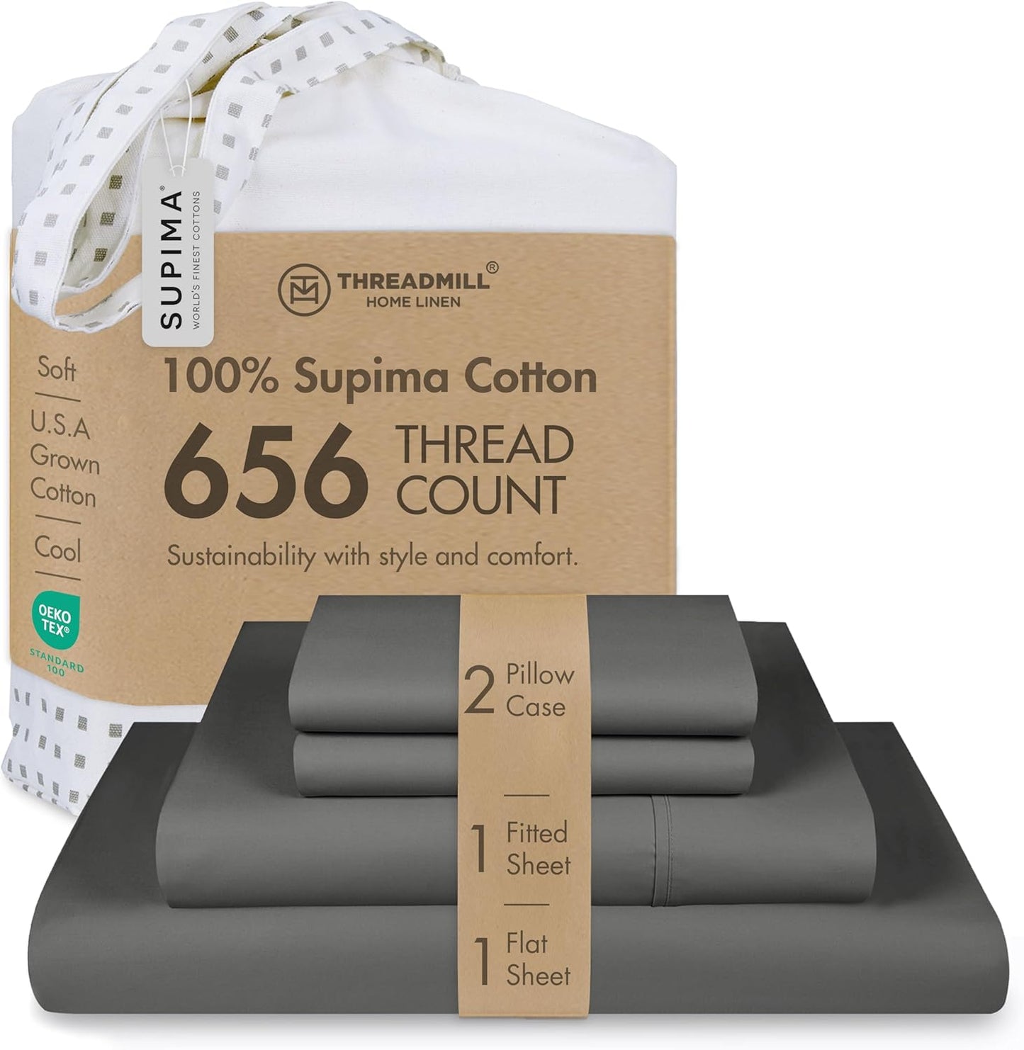 Threadmill Supima Cotton Sheets Queen | 656 Thread Count Queen Sheets for Queen Mattress | 4 Piece Luxury Bed Sheets | Sateen Weave Hotel Quality Sheet with Elasticized Deep Pocket | Dark Grey Sheet