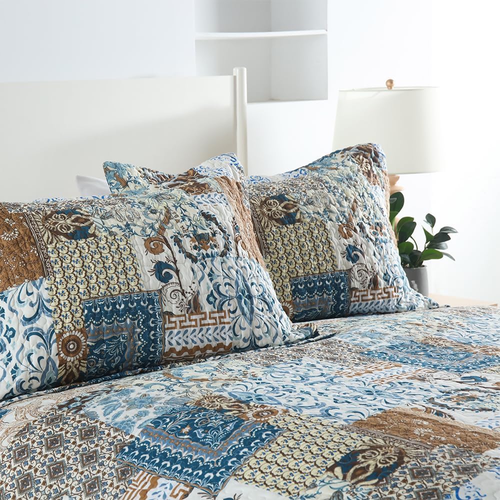ENASAL Cotton Bedspread Quilt Bedding Sets Reversible Coverlet Comforters Blue Bohemian Rustic Floral Patchwork Pattern Bedspread for All Season,Queen Size