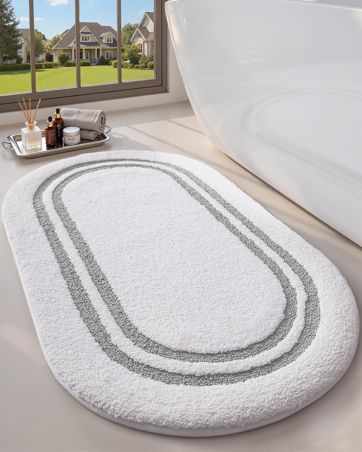 DEXI Oval Bath Mats for Bathroom, 24x43 Absorbent Bath Mat, Washable Microfiber Bathroom Rug with Non Slip Backing for Shower Floor, Light Grey