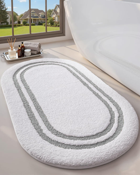 DEXI Oval Bath Mats for Bathroom, 24x43 Absorbent Bath Mat, Washable Microfiber Bathroom Rug with Non Slip Backing for Shower Floor, Light Grey