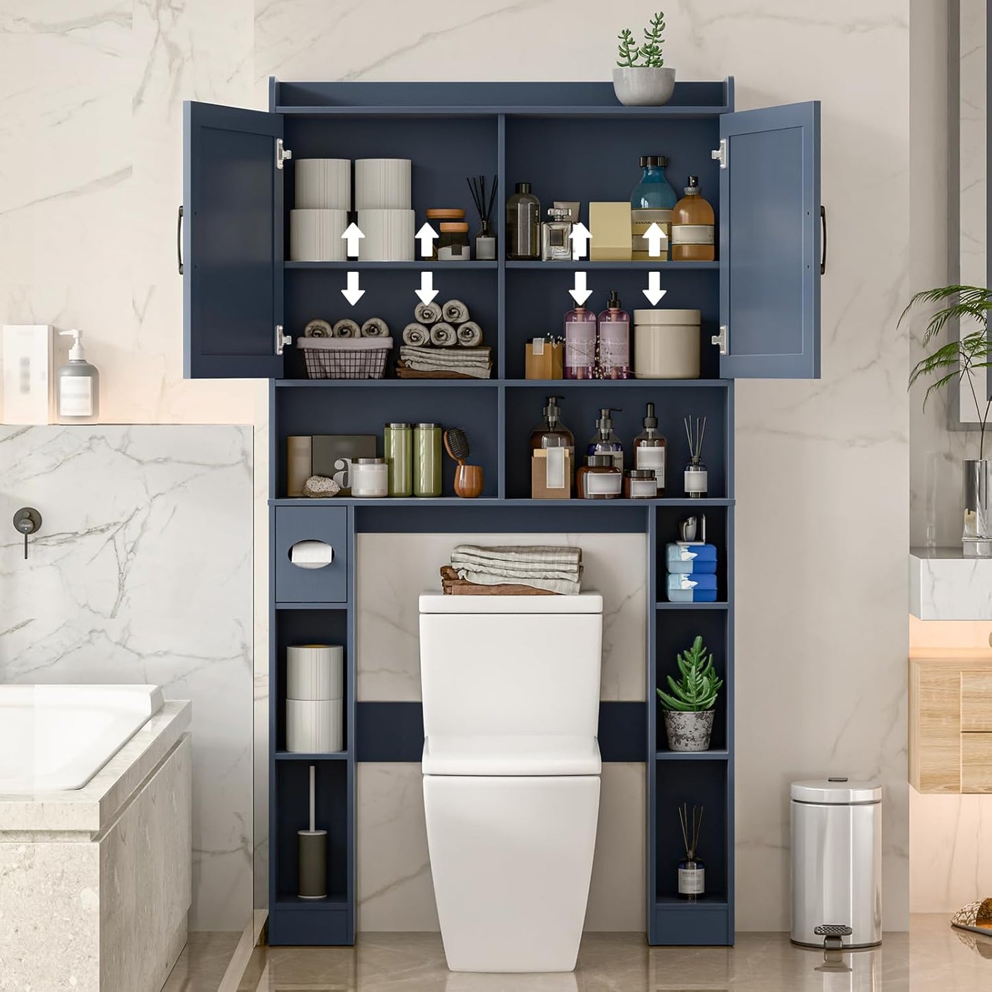 Over The Toilet Storage Cabinet, Farmhouse Toilet Cabinet Rack with Barn Doors, Space Saving Bathroom Organizer with Shelves, Toilet Paper Holder and Towel Rack for Bathroom,Restroom,Laundry,Blue