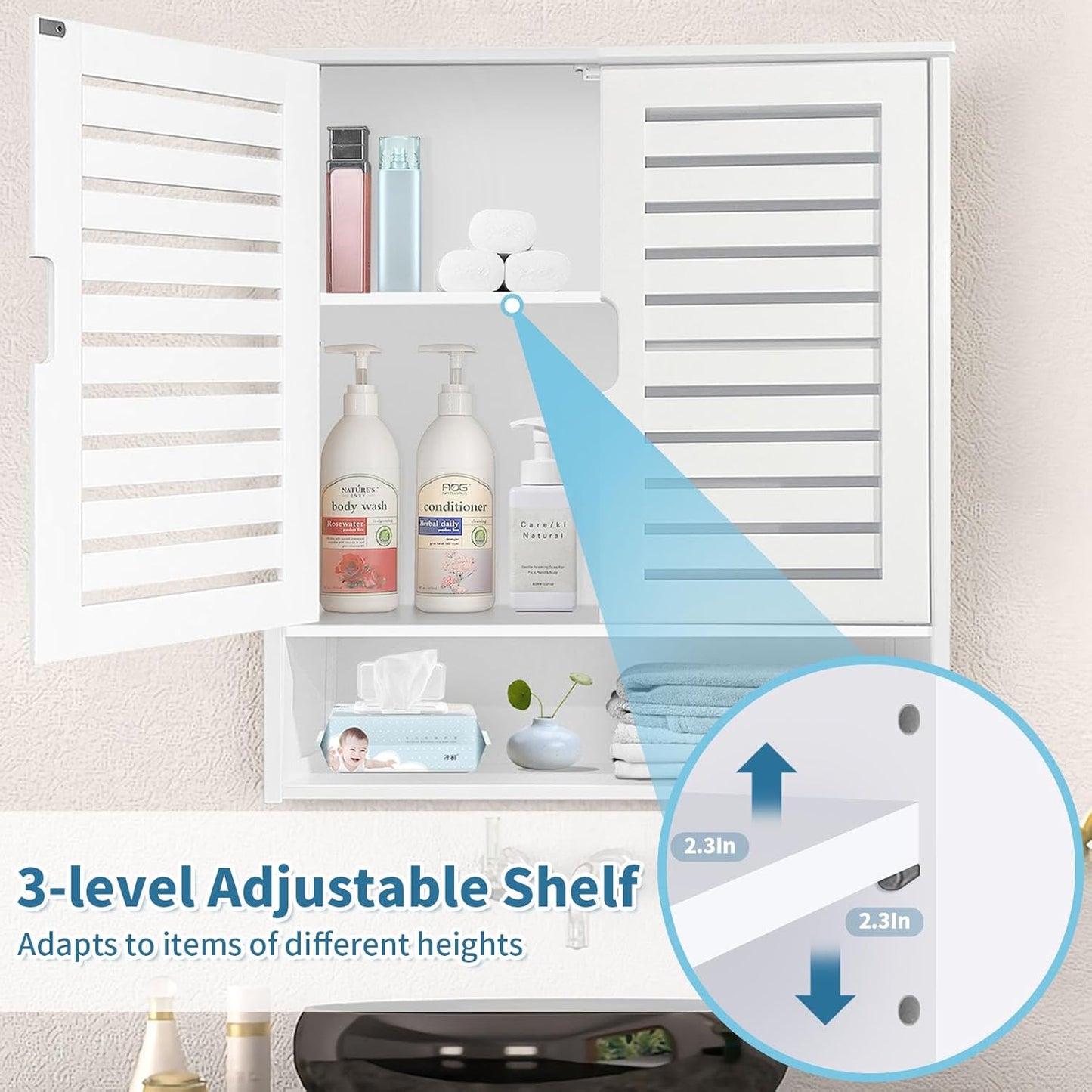 HYNAWIN White Organized Bathroom Storage Cabinet with Lattice Doors,Spacious Storage with Adjustable Shelves for Bathroom or Kitchen Essentials