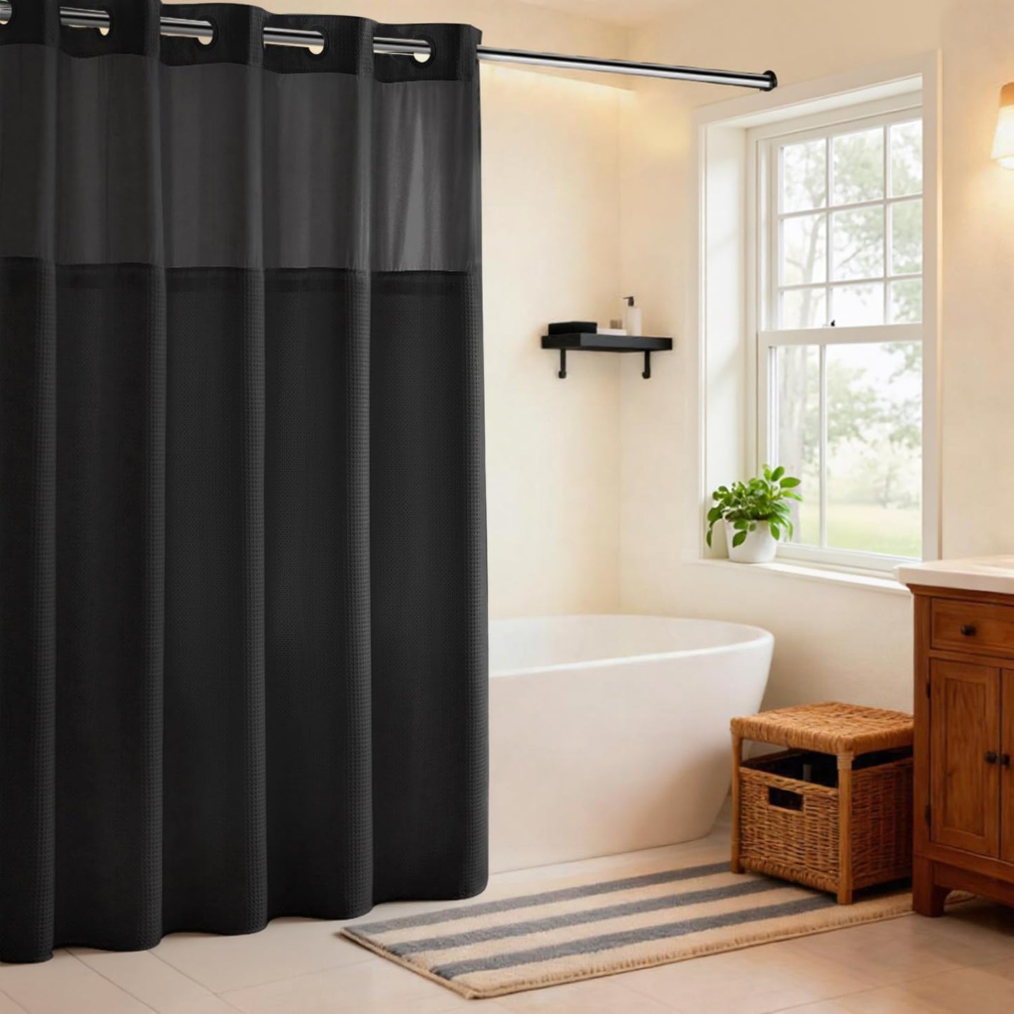River Dream Black Shower Curain No Hooks Dotted Waffle Weave Shower Curtain with Snap in Liner - 71W x 74H,Hotel Grade,Spa Like Bath Curtain Set