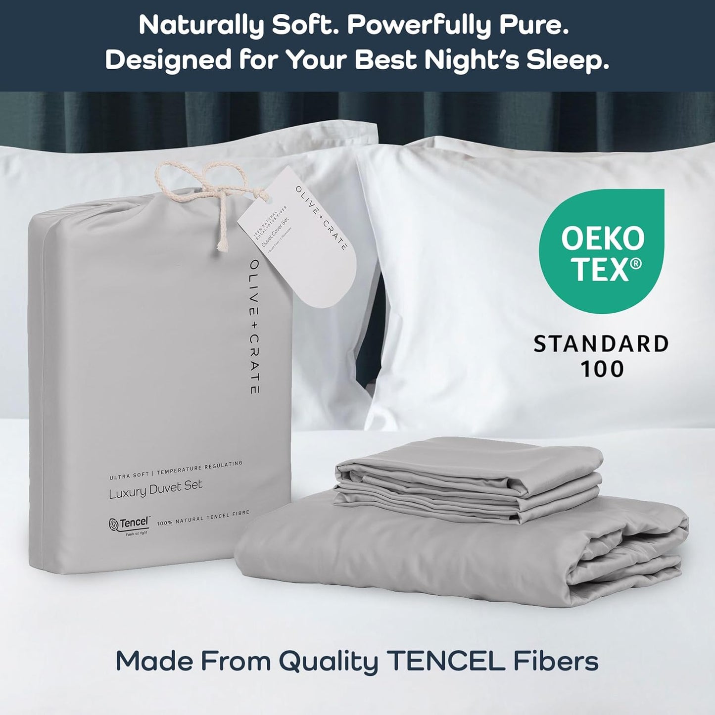 Olive + Crate Tencel Eucalyptus Cooling Duvet Cover Set - Hypoallergenic, Lyocell Tencel Duvet Cover - Soft, Temperature Regulating with Hidden Button Closure & Corner Ties - Queen Size [Gray Mist]