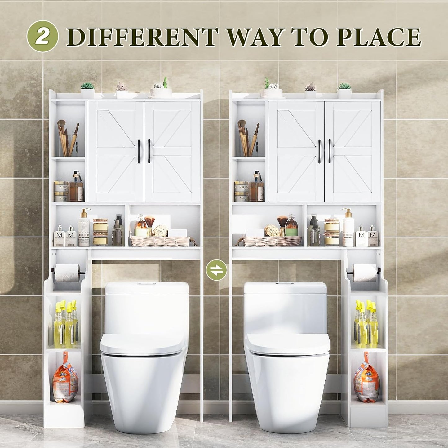 Over The Toilet Storage Cabinet with Barn Doors, Rustic Bathroom Organizer, Space-Saving Shelf for Laundry, White