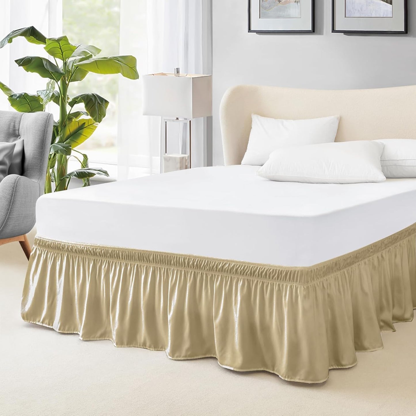 FreshCulture Twin Bed Skirt, Elastic Wrap Around Bed Skirt Twin Size, Bed Skirts for Adjustable Bed, Easy Fit with 22 Inch Drop Length, Hotel Quality Dust Ruffle for Twin Bed (Beige)