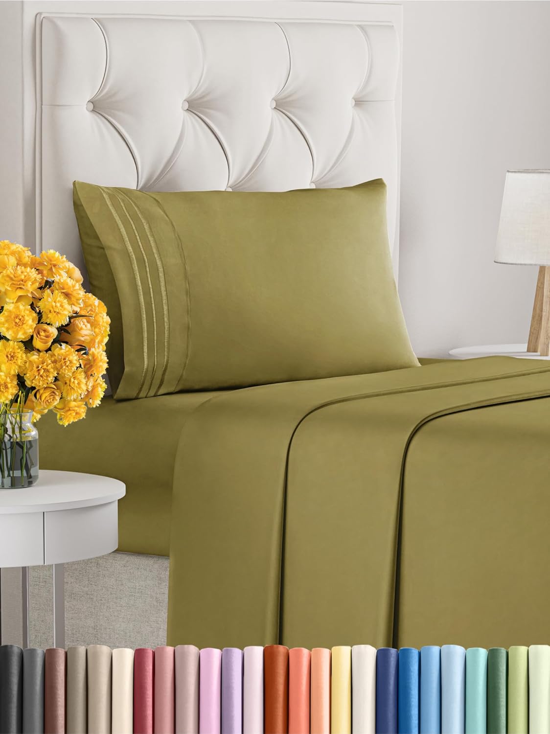 Twin XL Size 3-Piece Sheet Set - Extra Soft, Breathable & Cooling - Hotel Luxury Durable Bed Sheets for Women & Men - Deep Pockets, Easy-Fit & Wrinkle-Free - Olive Yellow Oeko-Tex