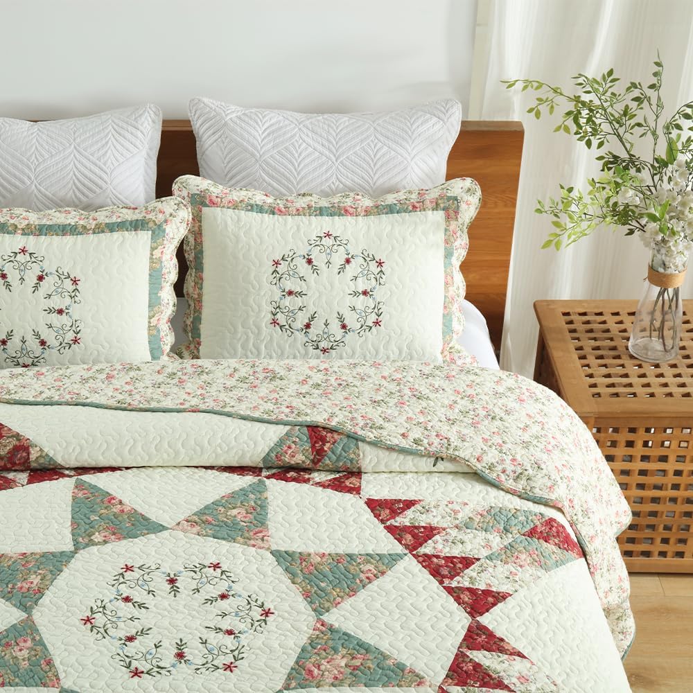 Cotton Bedspread Quilt Bedding Sets, 3 Pieces Reversible Coverlets Comforters Star with Green Floral Real Patchwork Bedspread, King Size