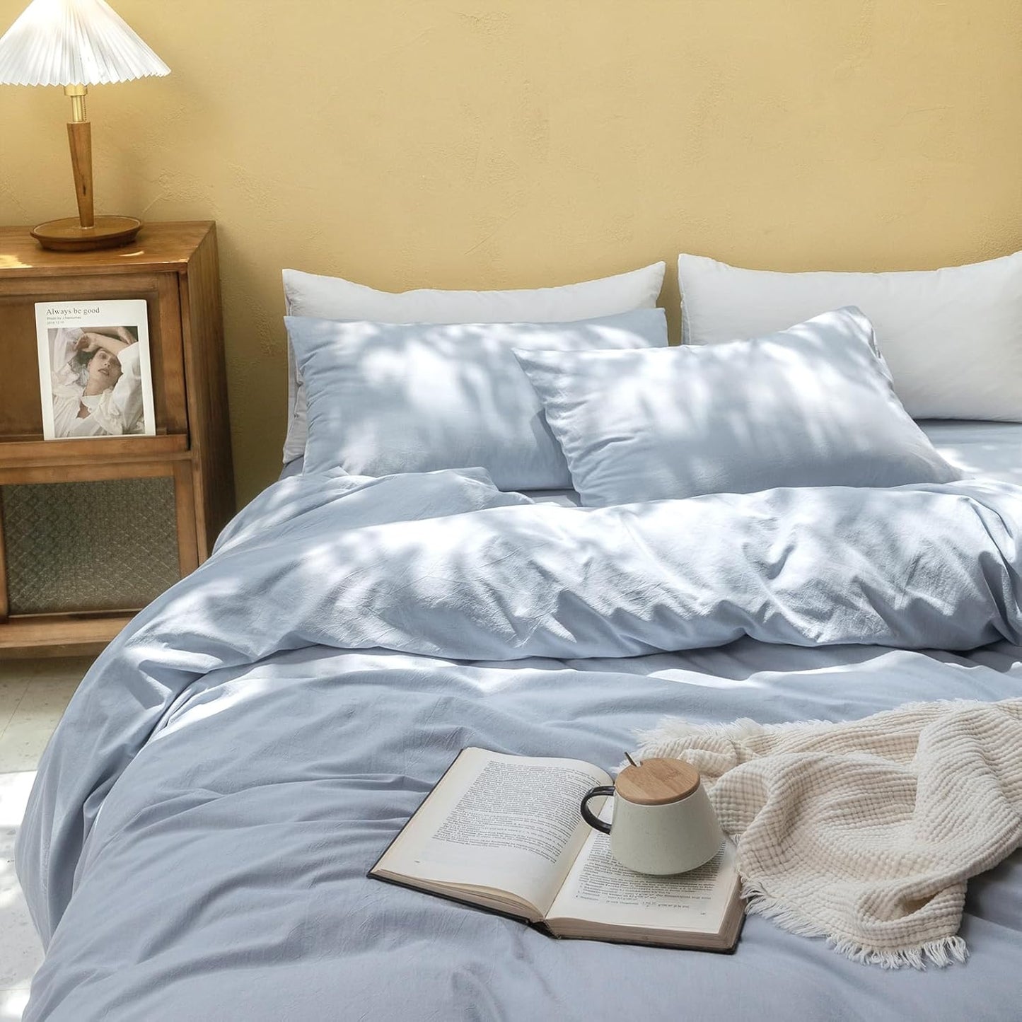 FOSSA Duvet Cover Set 100% Washed Cotton Linen Feel Super Soft Breathable Cozy 3 Pieces Bedding Sets Solid Cornflower Blue Super King Plus