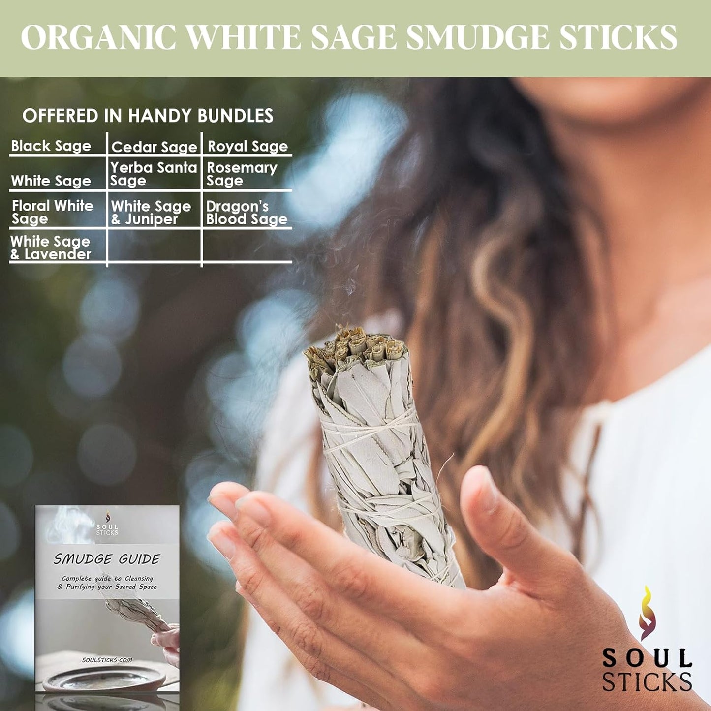Soul Sticks 1 Pack 9 Inch White Sage Smudge Sticks with Starter Guide - Floral Home Sage for Cleansing House and Smudging Negative Energy