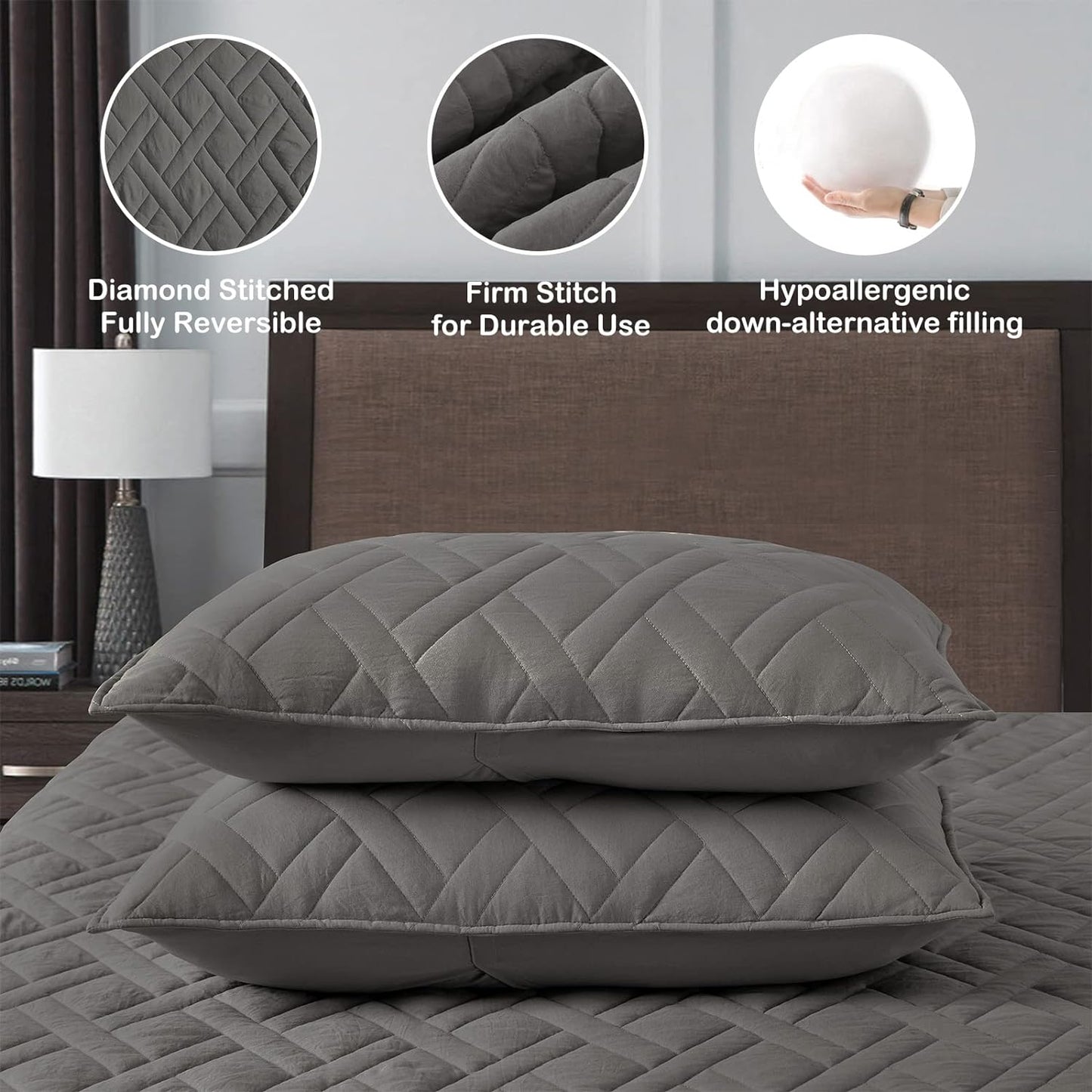 HORIMOTE HOME Quilt Set Queen Size Grey, Classic Geometric Diamond Stitched Pattern, Microfiber Ultra Soft Lightweight Bedspread Coverlet for All Season, 3 Piece Includes 1 Quilt and 2 Shams