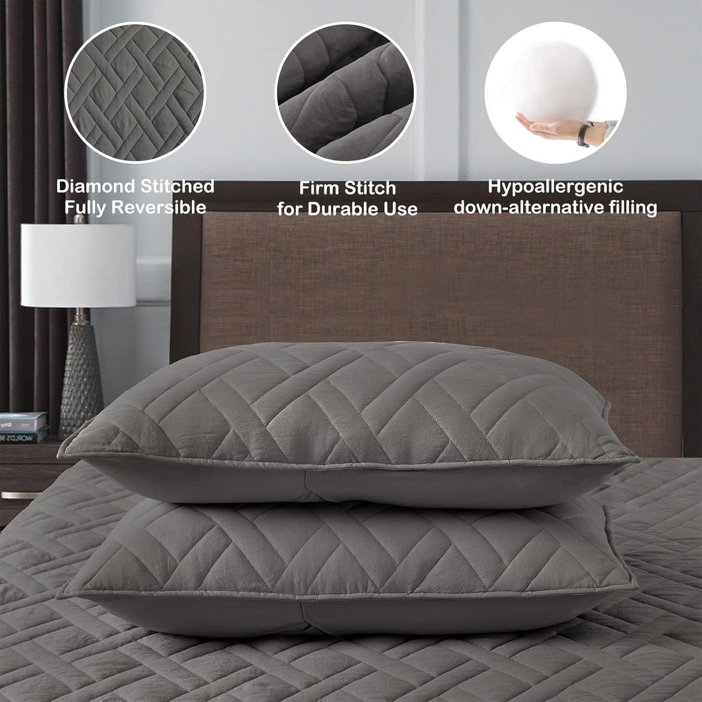 HORIMOTE HOME Quilt Set Twin Size Grey, Classic Geometric Diamond Stitched Pattern, Microfiber Ultra Soft Lightweight Bedspread Coverlet for All Season, 2 Piece Includes 1 Quilt and 1 sham