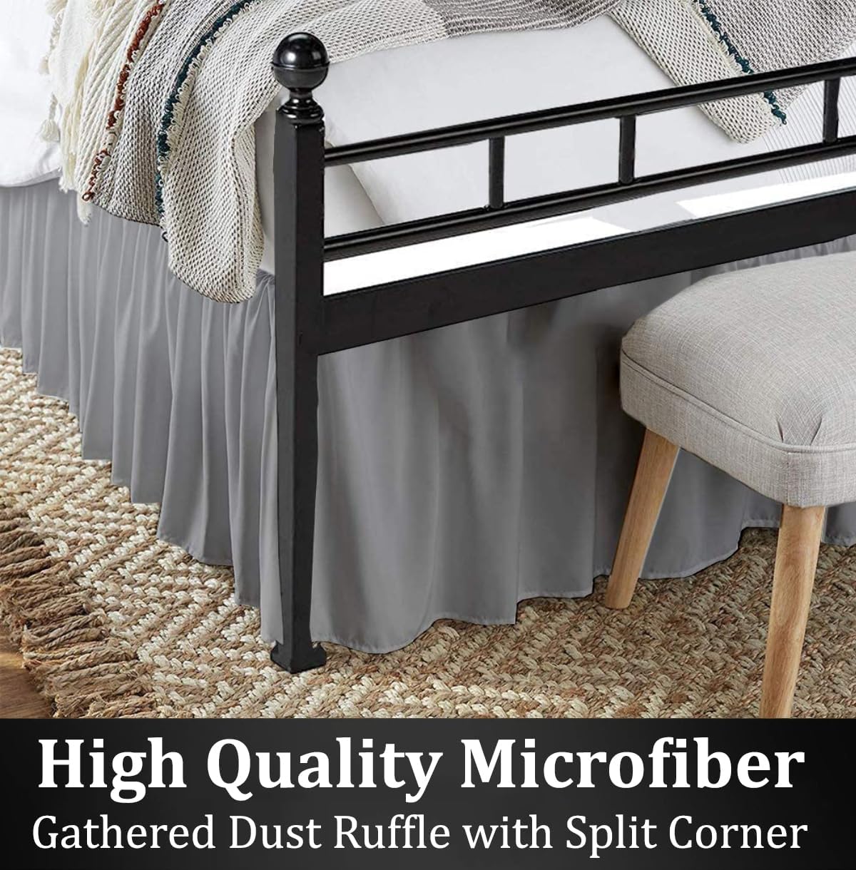 Ruffled Bed Skirt with Split Corners, Light Grey, Queen 16 Inch Drop Bedskirt, Hotel Quality Brushed Microfiber Wrinkle Free Dust Ruffle Bed Skirt Queen Size