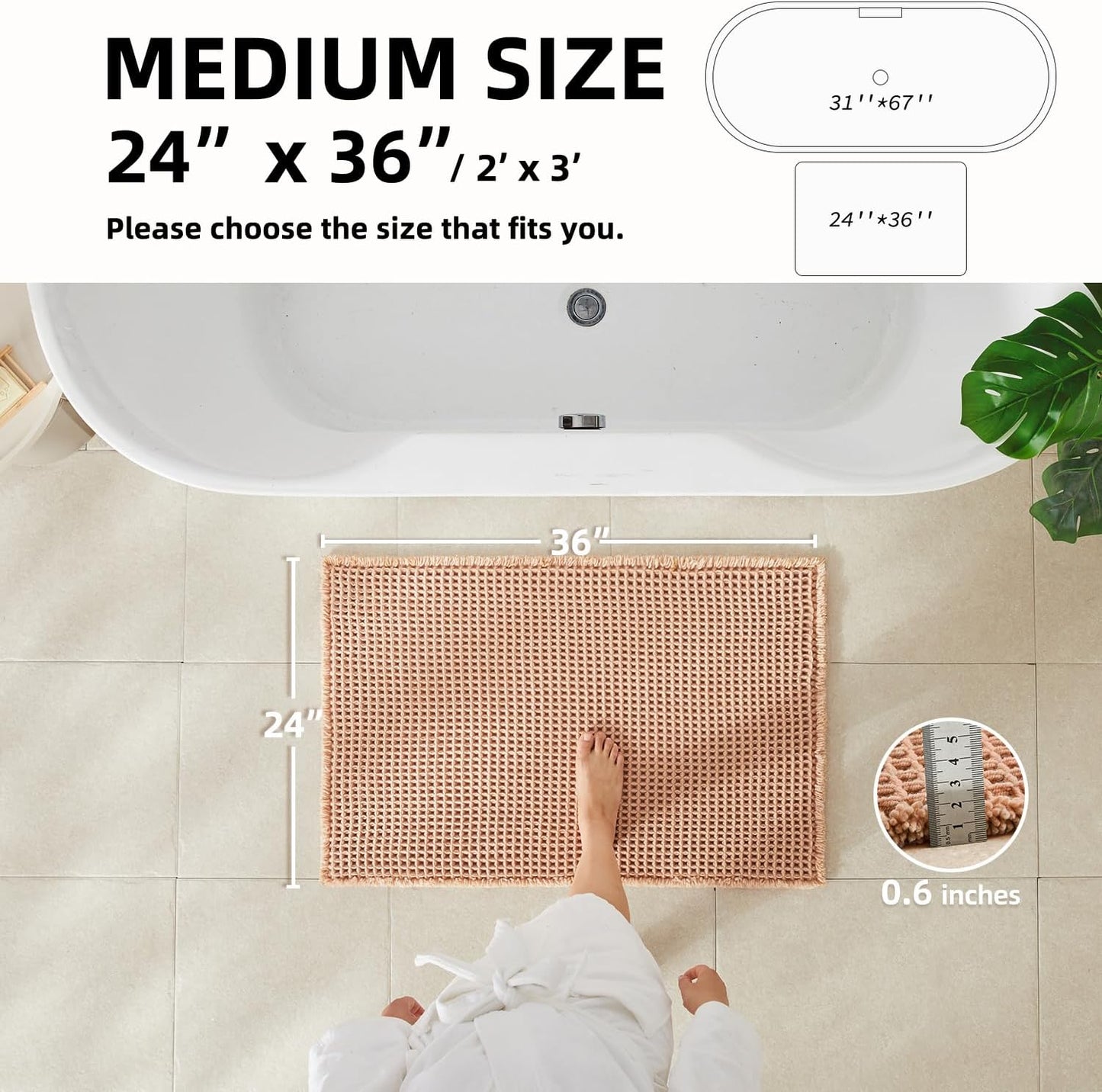 Waffle Bath Mat, Boho Bathroom Rugs Non Slip Washable Super Absorbent Quick Dry Bath Mat Farmhouse Bathroom Decor, 36"x24" Light Peach