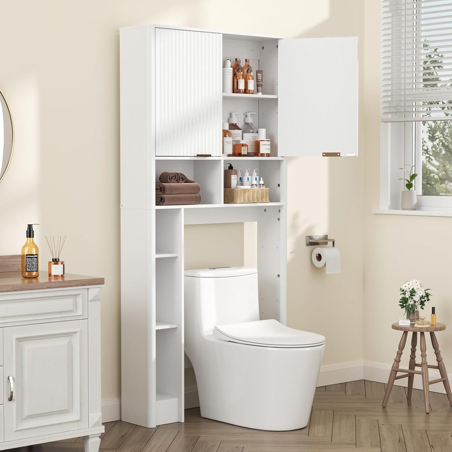 31" W Over The Toilet Storage Cabinet with Fluted Door, White Bathroom Organizer with Adjustable Shelf, Toilet Paper Holder Stand Wave Door for Restroom, Laundry Room