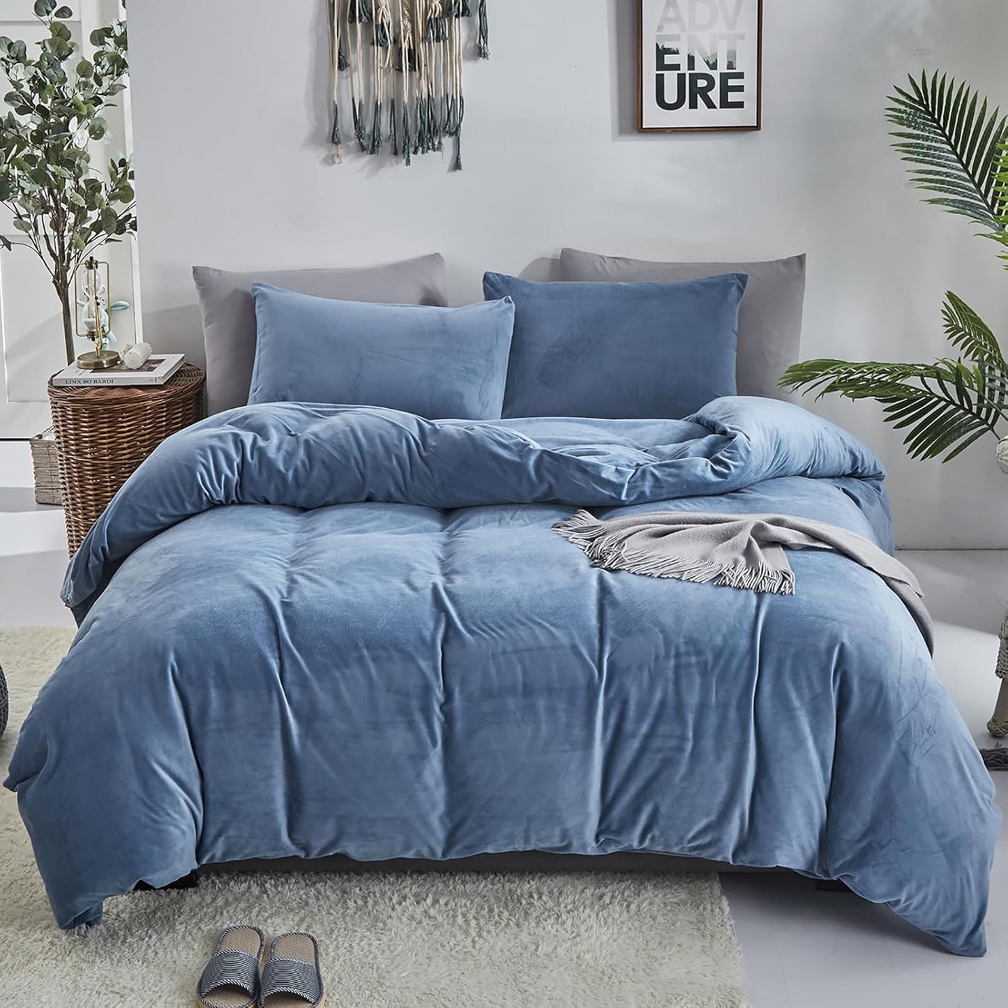 Cottonight Blue Velvet Comforter Set Queen Blue Flannel Bedding Set Queen Size Winter Blanket Quilts Modern Heavyweight Warm 3 Piece Velvet Comforter Set