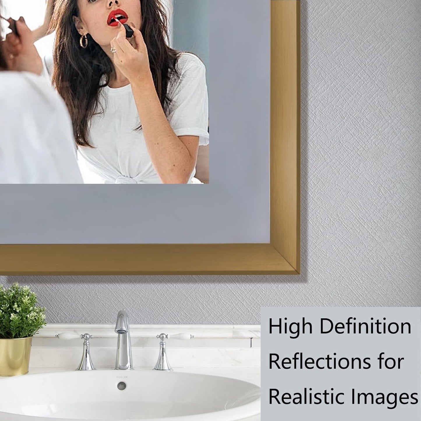24 X 32 Gold Bathroom LED Mirror – Frontlit & Backlit Vanity Mirror with Antifog & Shatter Proof Tempered Glass, Aluminium Frame Bathroom Mirror, Comes with 3 Colour Lights Option