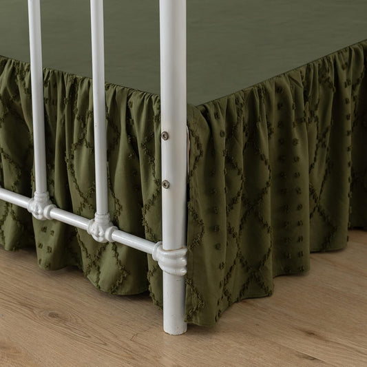 Bed Skirt Full Size Ruffled Bed Skirt with Split Corners, 14 Inch Drop Dust Ruffle Bed Skirts with Platform, Boho Tufted Shabby Chic Full Size Bed Skirts, Olive Green