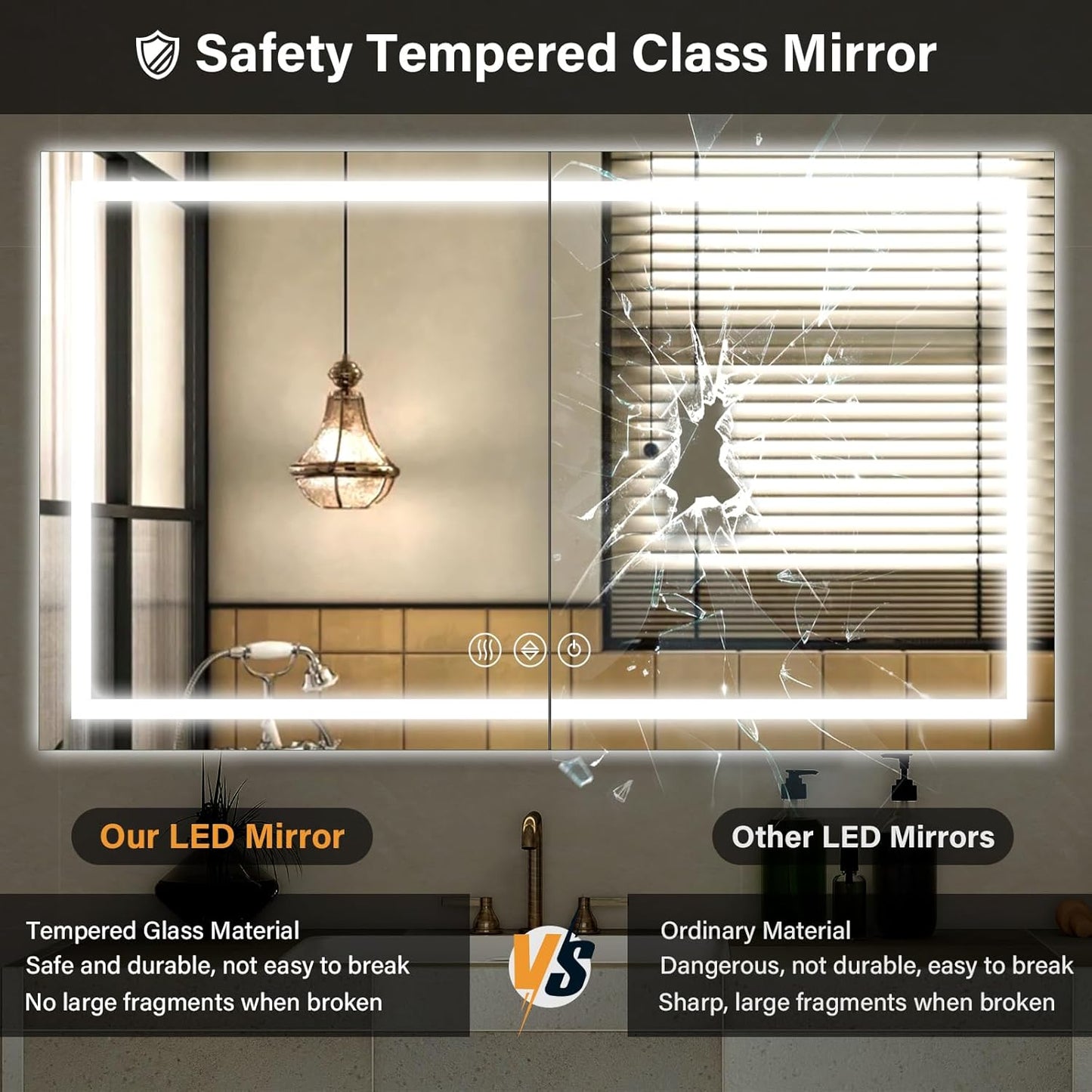 40"x 60"LED Bathroom Mirror, Backlit + Front Lit, LED Bathroom Mirror with Lights for Wall, 3 Colors, Anti-Fog, Dimmable Brightness, Memory Function, Tempered Glass