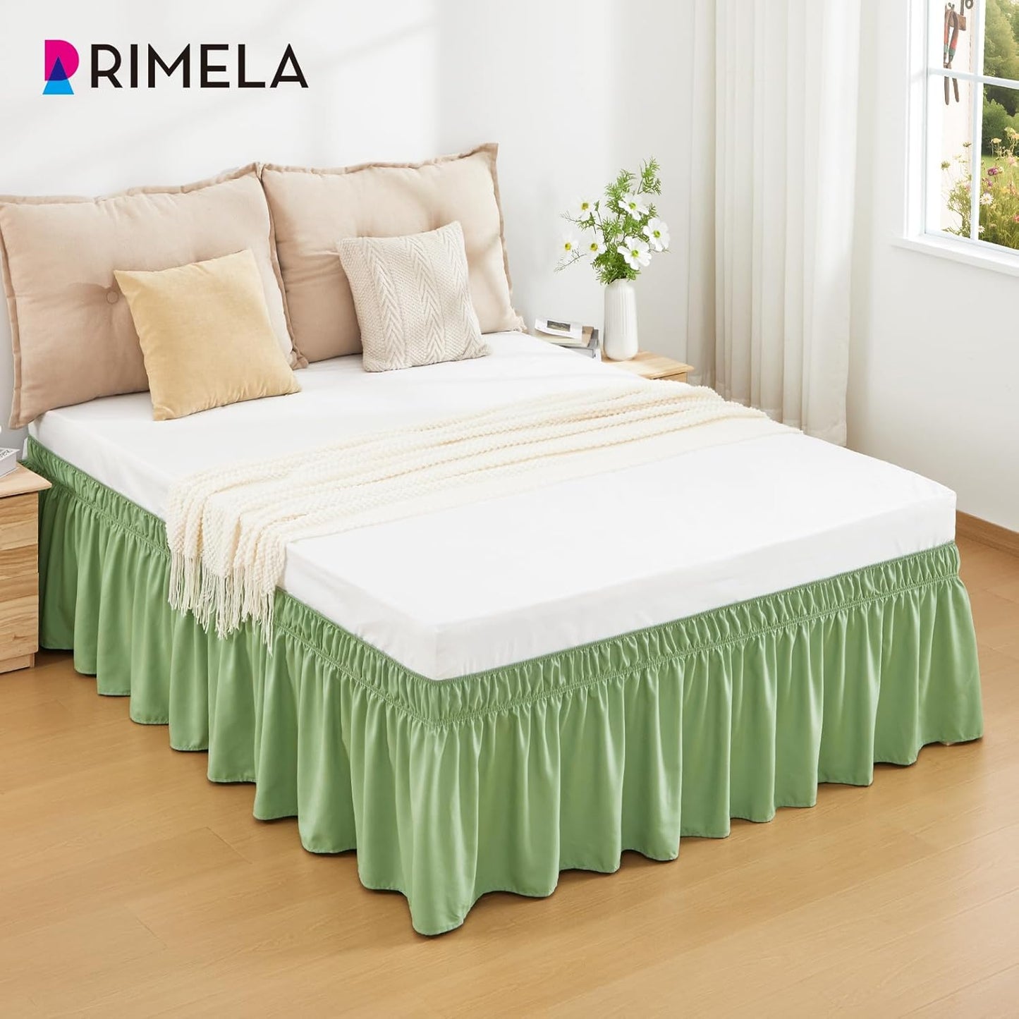 RIMELA Light Green Bed Skirt King Size 15 Inch Drop, Elastic Bed Skirting for Bed Base and Frame, Bedding Dust Ruffle Easy to Install, Lightweight Wrap Around Adjustable Bedskirt