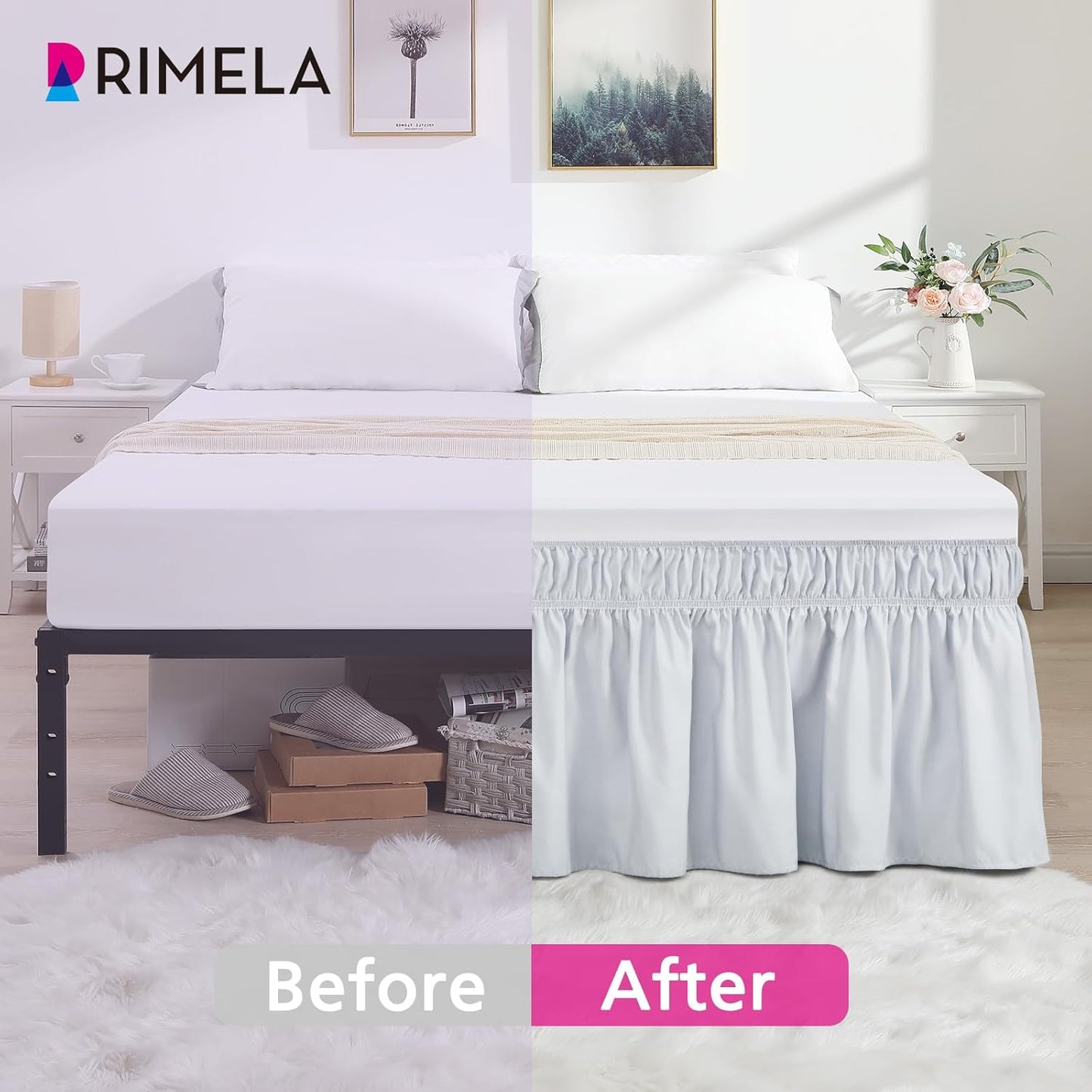 RIMELA Ice Grey Bed Skirt Queen Size 18 Inch Drop, Elastic Bed Skirting for Bed Base and Frame, Bedding Dust Ruffle Easy to Install, Lightweight Wrap Around Adjustable Bedskirt