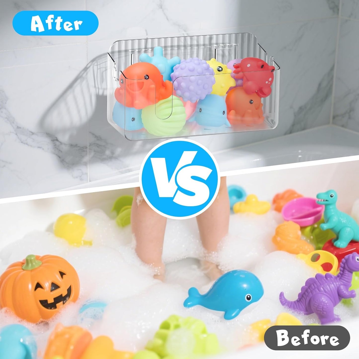 2-Pack Clear Bath Toy Storage Holder Organizer, Large Capacity Durable Plastic Bathtub Shower Caddy with Drain Holes, Quick-Dry Drainable Easy Install (Clear White 2-Pack)