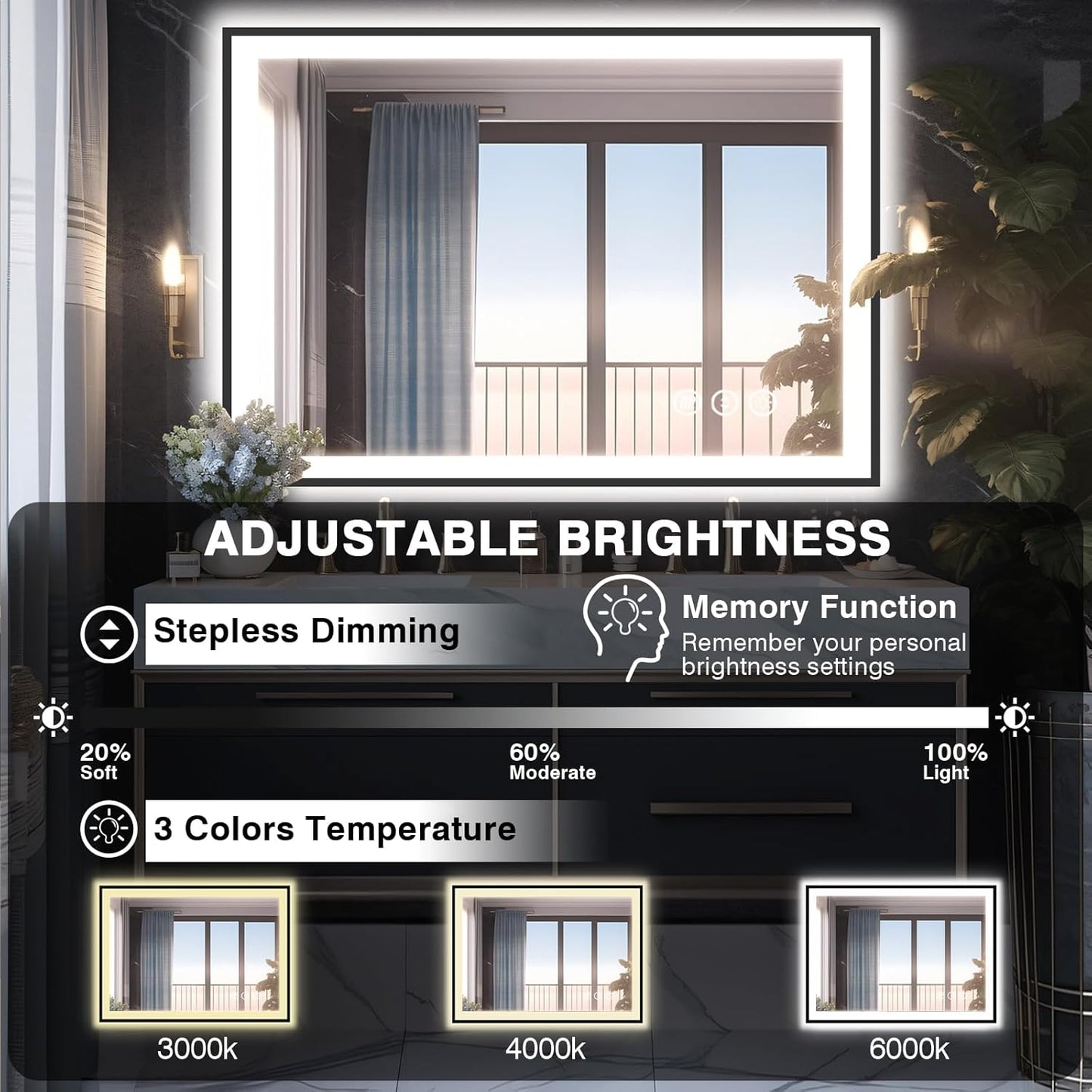 40x30 LED Lights Bathroom Mirror -Black Aluminum Rimmed(Front lit and Backlit),Anti-Fog Vanity Mirror with Lights,Stepless Dimmable Lighted Mirror,3 Colors Smart Mirror(Horizontal/Vertical)