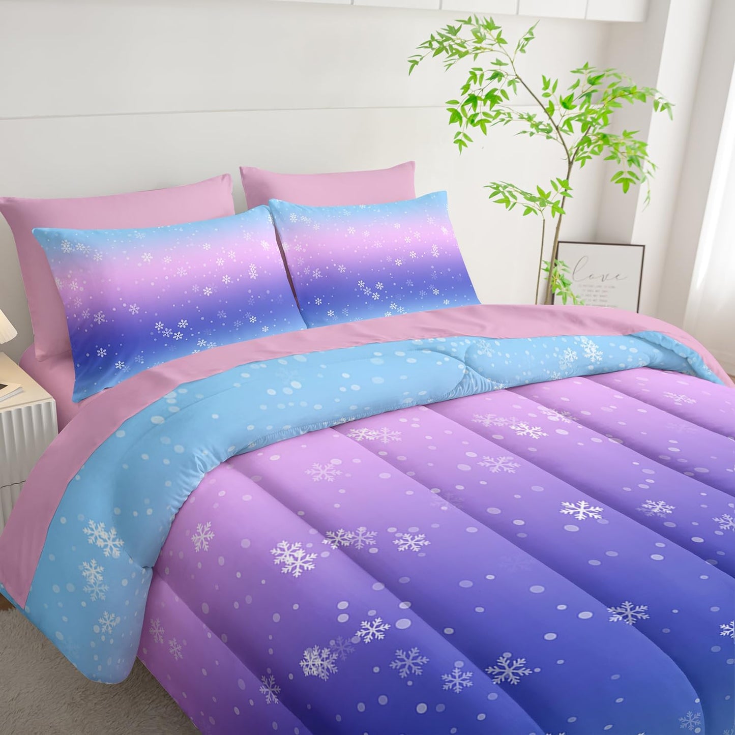 7 Piece Bed in a Bag Queen Size Comforter, Blue Purple Snowflake Quilt Set, Soft Pink Sheets, All Season Bedding Set, Microfiber