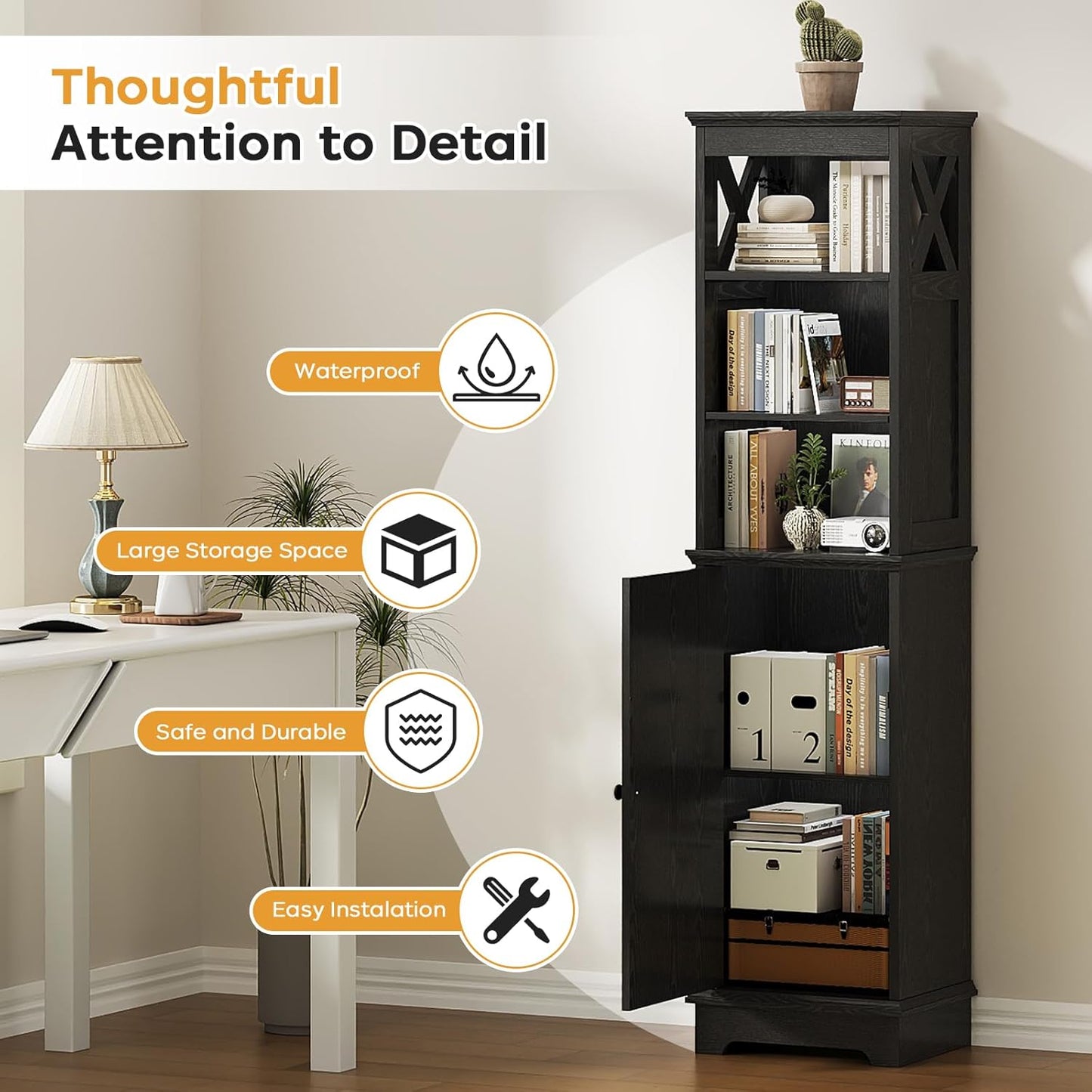 Tall Bathroom Storage Cabinet with Door and Open Adjustable Shelves, 60.9" H Wooden Tower Corner Narrow Farmhouse Cabinet, Freestanding Organizer for Kitchen, Entryway Black