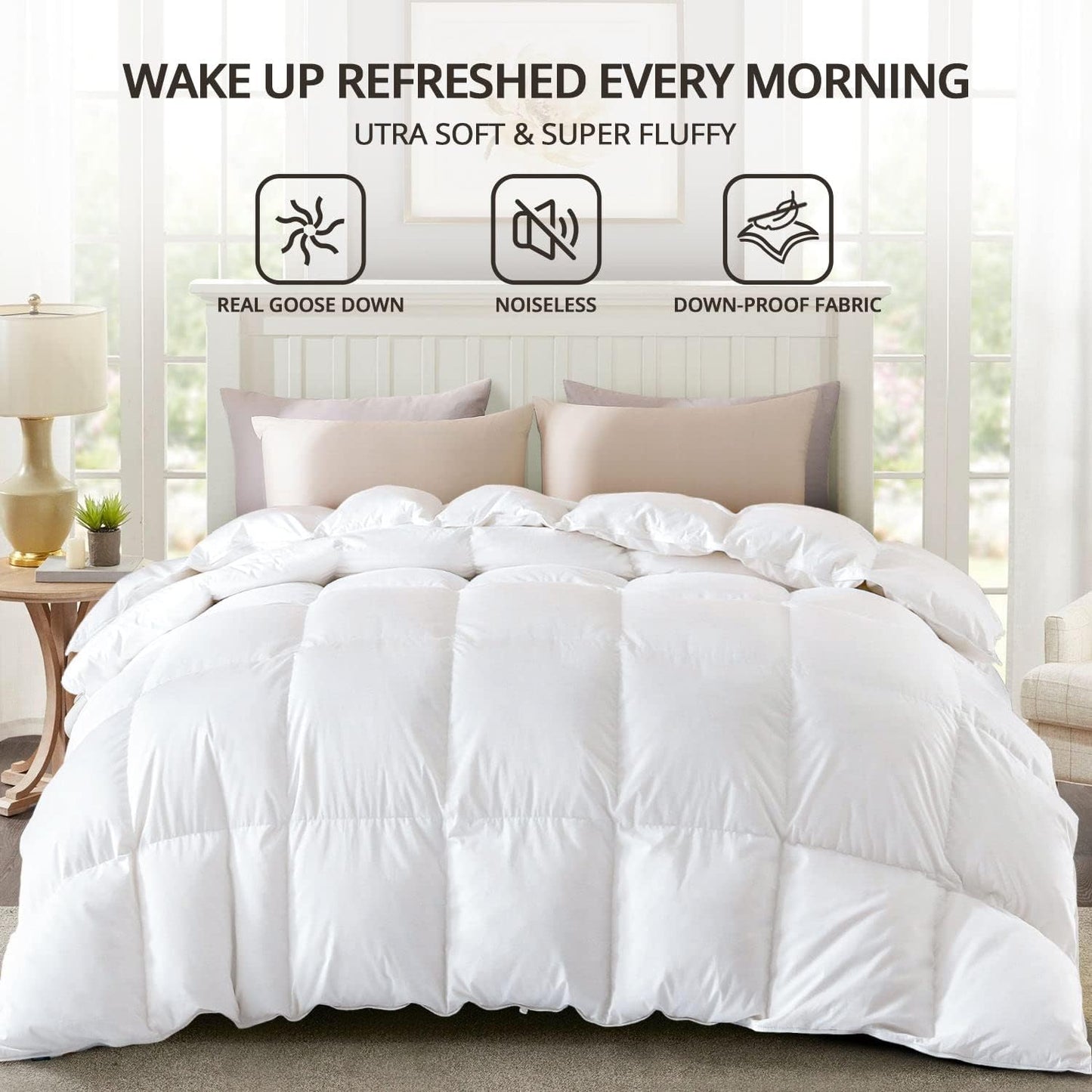 Globon Winter White Goose Down Comforter Queen Size,Down Duvet Insert,800 Fill Power,420 Thread Count Ultra Soft Noiseless Shell with Corner Tabs,White
