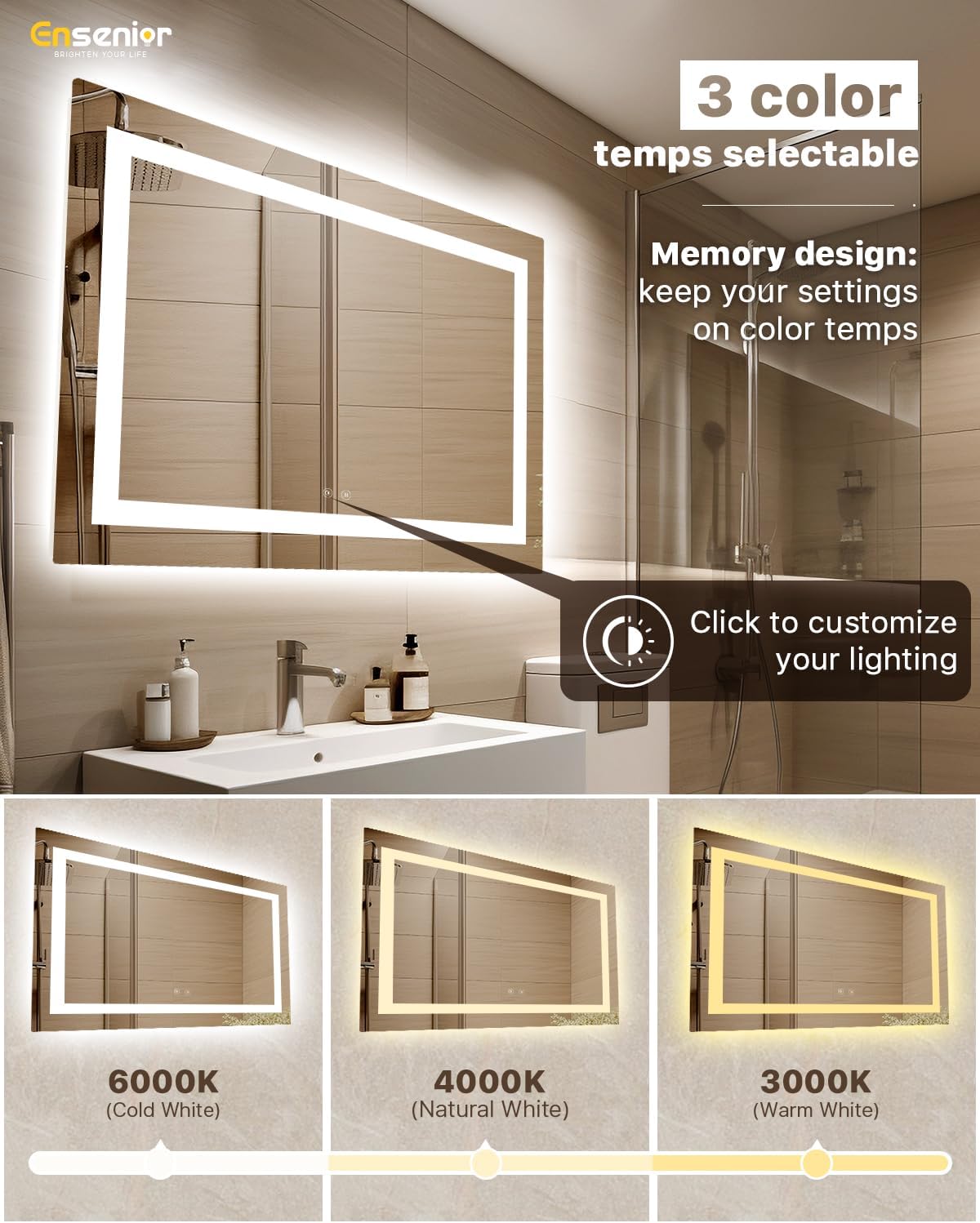 Ensenior LED Bathroom Mirror 60"x 40" with Front and Backlight, Stepless Dimmable Wall Mirrors with Anti-Fog, Shatter-Proof, Memory, 3 Colors, Modern LED Vanity Mirror- FCC