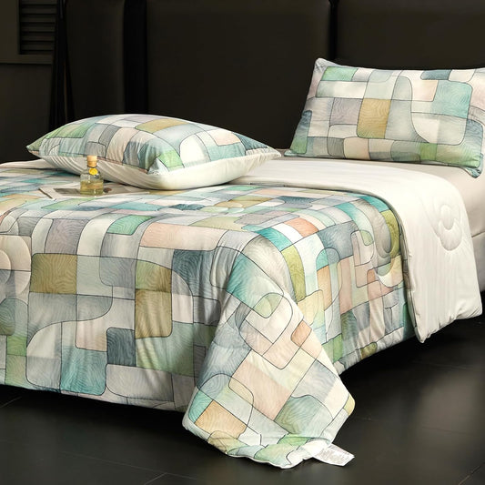 Cyusri Print Cooling Comforter Set 3Pcs Breathable Cool Queen Size Bedding Set with 2 Pillowcases Green Geometric Pattern Silky Cold Quilt, 90"x90"