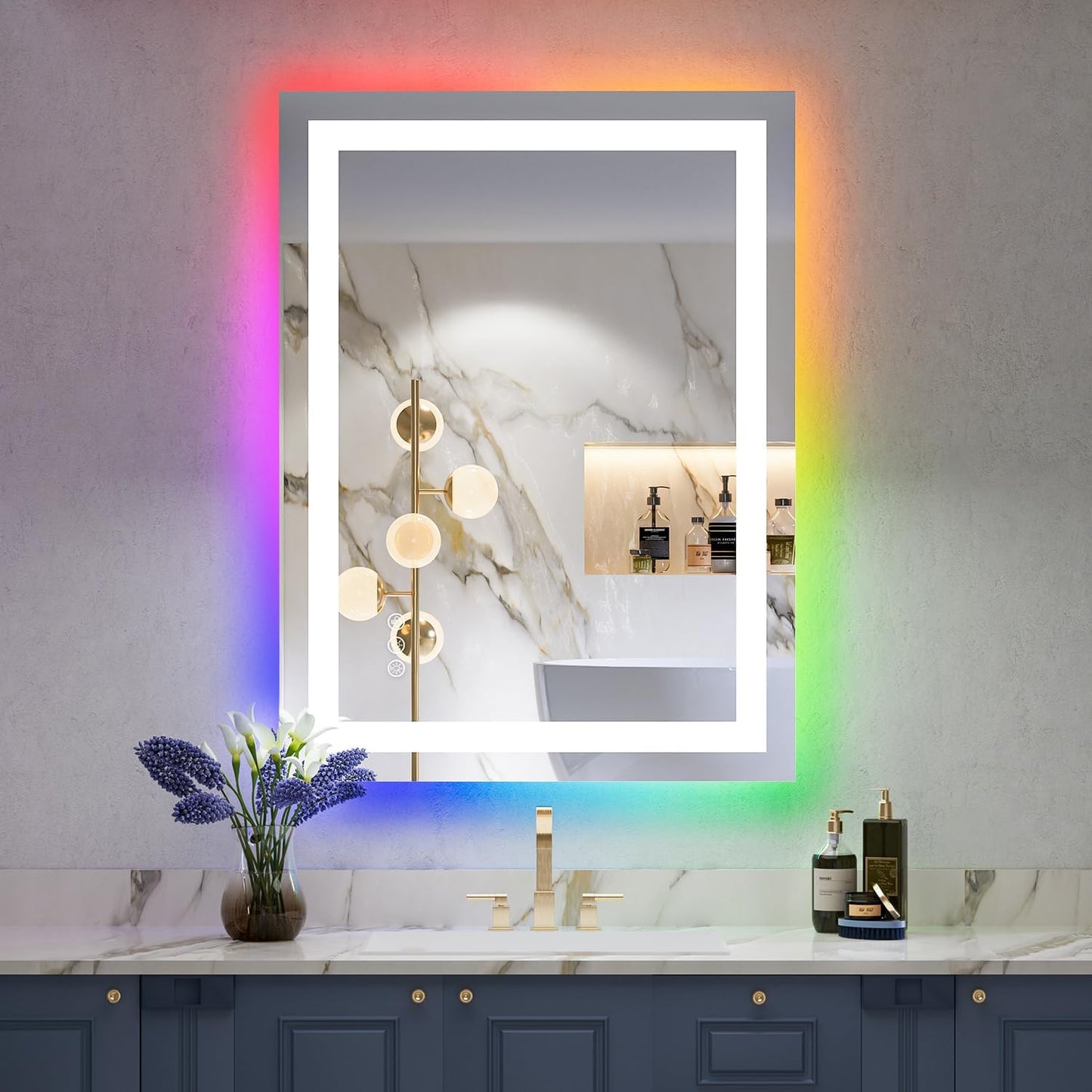 24x32 Inch RGB LED Bathroom Mirror Front Light and RGB Backlit Lighted Vanity Mirror for Bathroom Wall Mounted Dimmable Anti Fog Memory Shatter-Proof IP54 Waterproof Horizontal/Vertical
