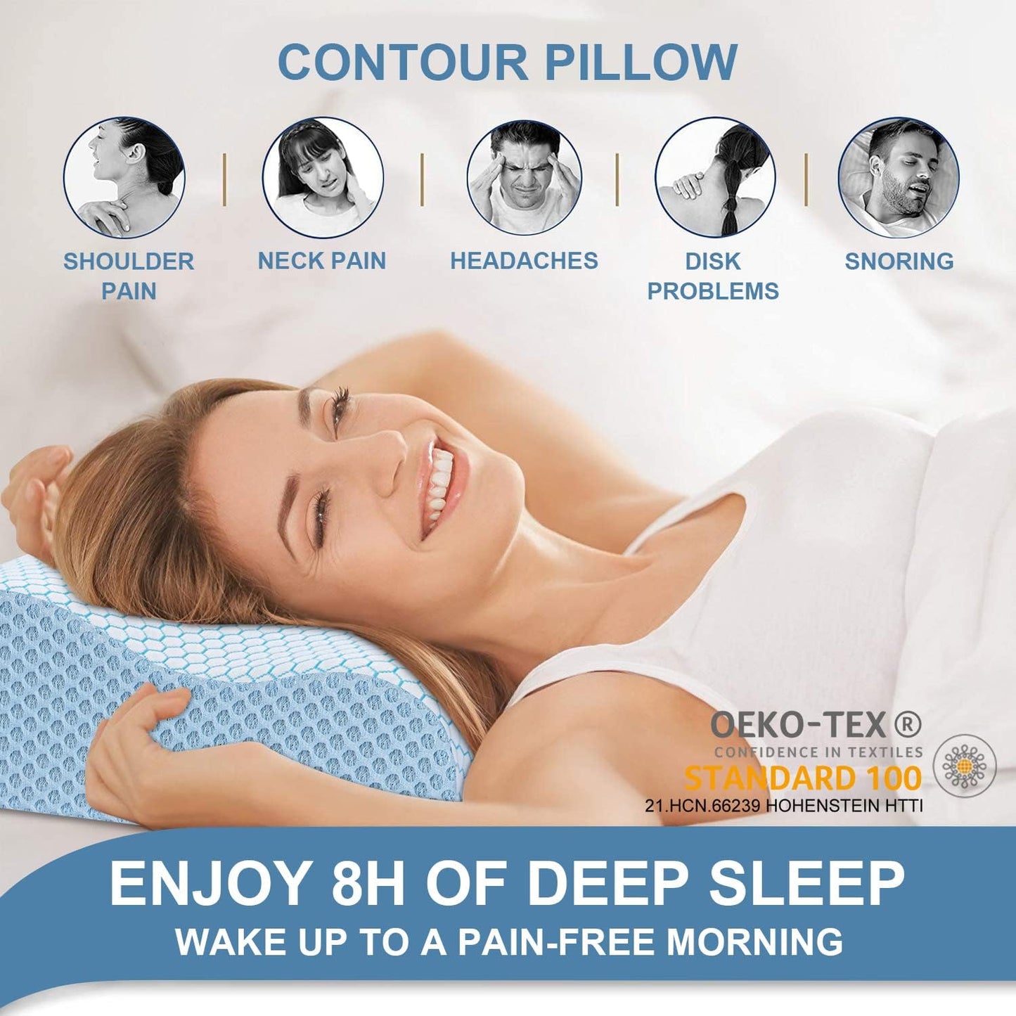 Anvo Memory Foam Pillow, Neck Contour Cervical Orthopedic Bed Pillow for Sleeping Side Back Stomach Sleeper, Ergonomic Design for Neck and Shoulder Pain Relief, Blue White, Firm