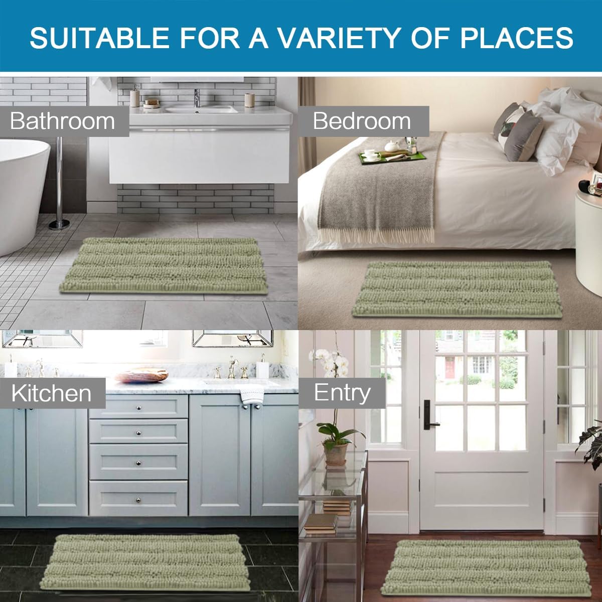 H.VERSAILTEX Bathroom Rug Sets 2 Piece Bath Mats Non Slip Thick Soft Chenille Striped Bath Rug achine Washable Shower Floor Rugs for Tub, Shower and Floor (Eucalyptus Green, 20" x 32"/24" x 36")