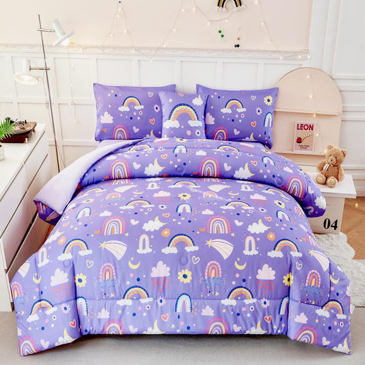 ANGIYUIN Purple Kids Full Size Bedding Set Colorfurl Rainbow and Clouds Girls Bed in A Bag with Sheets Cartoon Saleboat Stars Kid Bed Set for Girl Soft Microfiber Comforter Set, Purple, Full