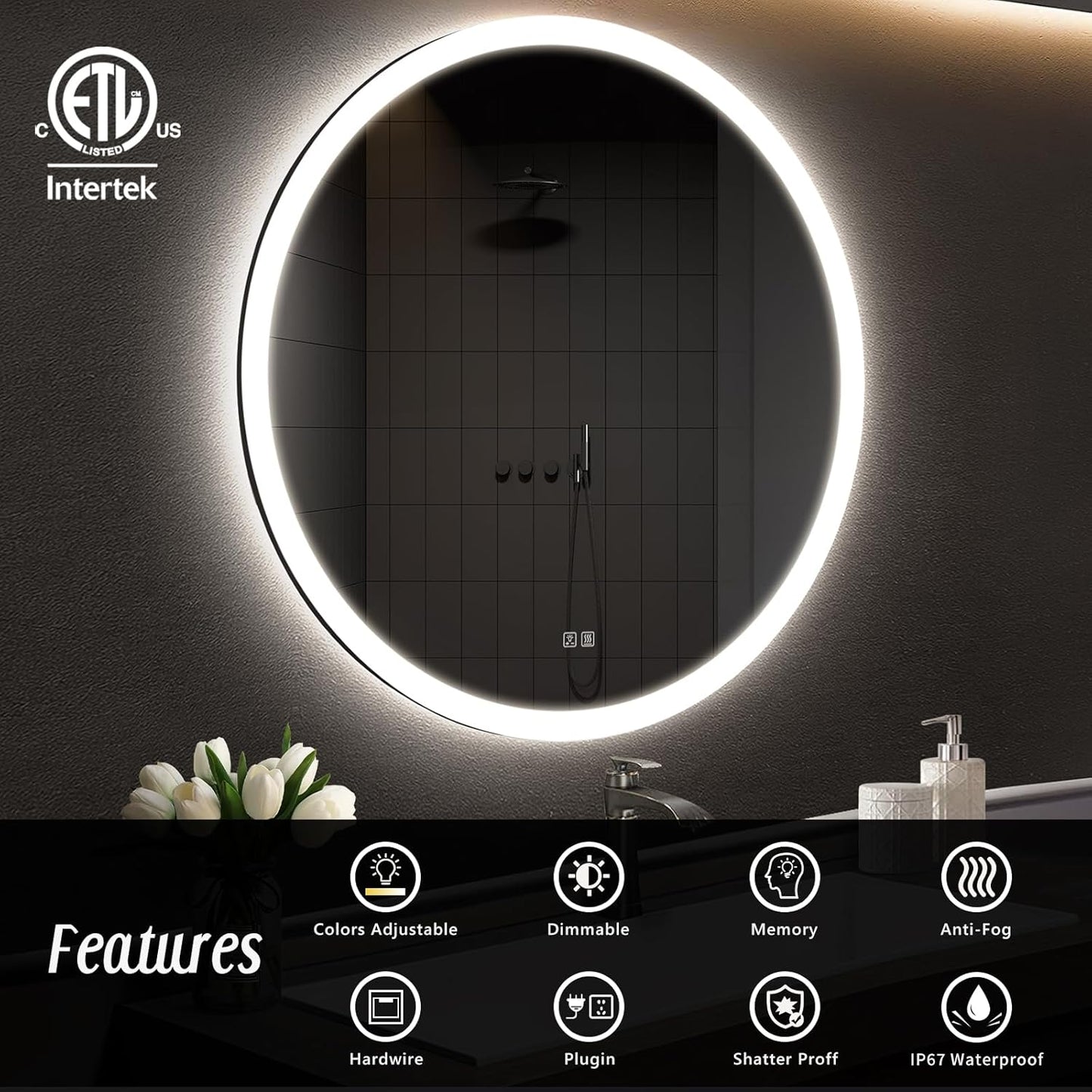 APRILSOUL 40 Inch Round LED Bathroom Vanity Mirror with Front and Backlit, Led Mirror with Anti-Fog, 3 Colors and Dimmable Light